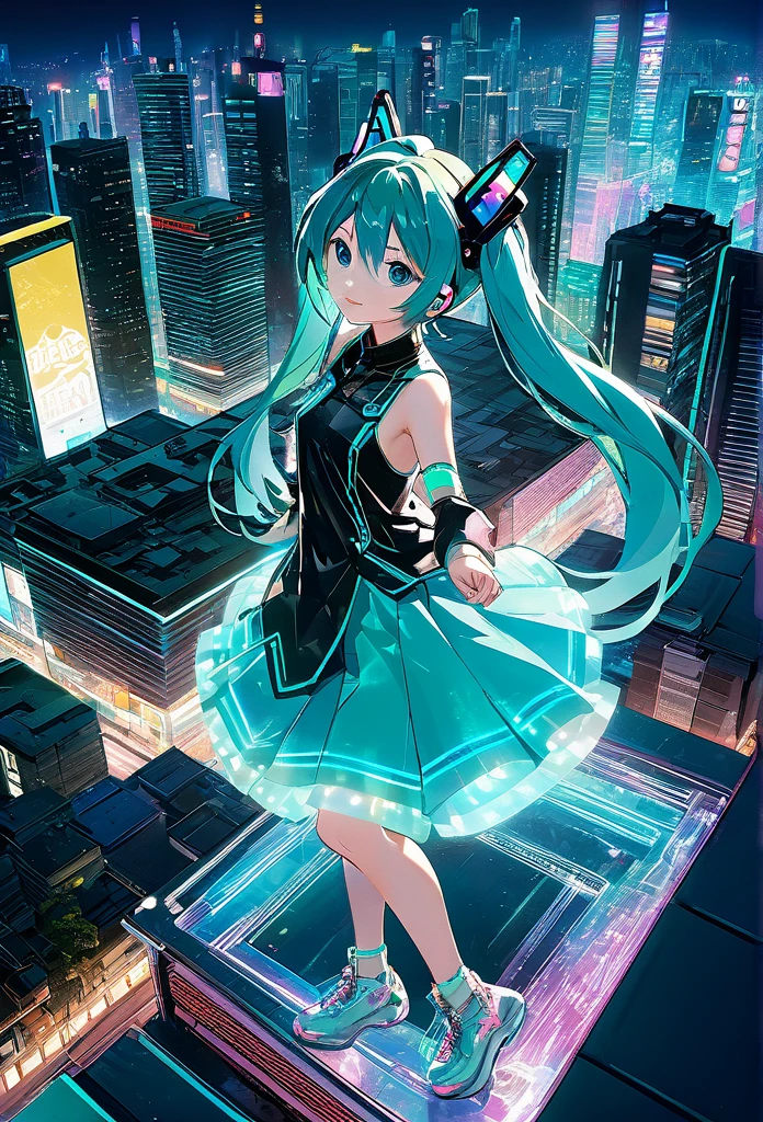 (People standing on rooftop: 1.3, at helipad on top of skyscraper), ( hologram woman, holographic projection on rooftop helipad: 1.3), ( Hatsune Miku:1.3, Hatsune Miku made of light particles:1.3), detailed face, ( cyberpunk-style Hatsune Miku in cyberpunk outfit: neon colours, metallic accents, high-tech gadgets), fantasy, (light particles emitted from her feet: 1.5), realistic, mystical:1.3, dancing groovily to music, dynamic, neon glow lighting, digital art:1.3, masterpiece Best quality, exquisite in detail, 8k, Composition from above