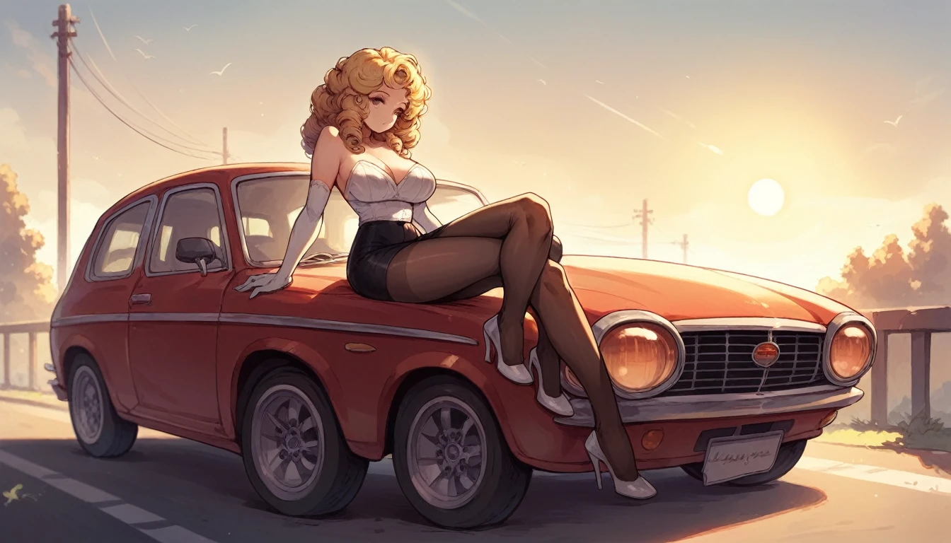 Arafed very beautiful woman,  blonde long  very puffy curly hair, tiny miniskirt,  nylon long elbow gloves,  full detailed long pantyhose,  high heels,  sitting on a car, sun light 