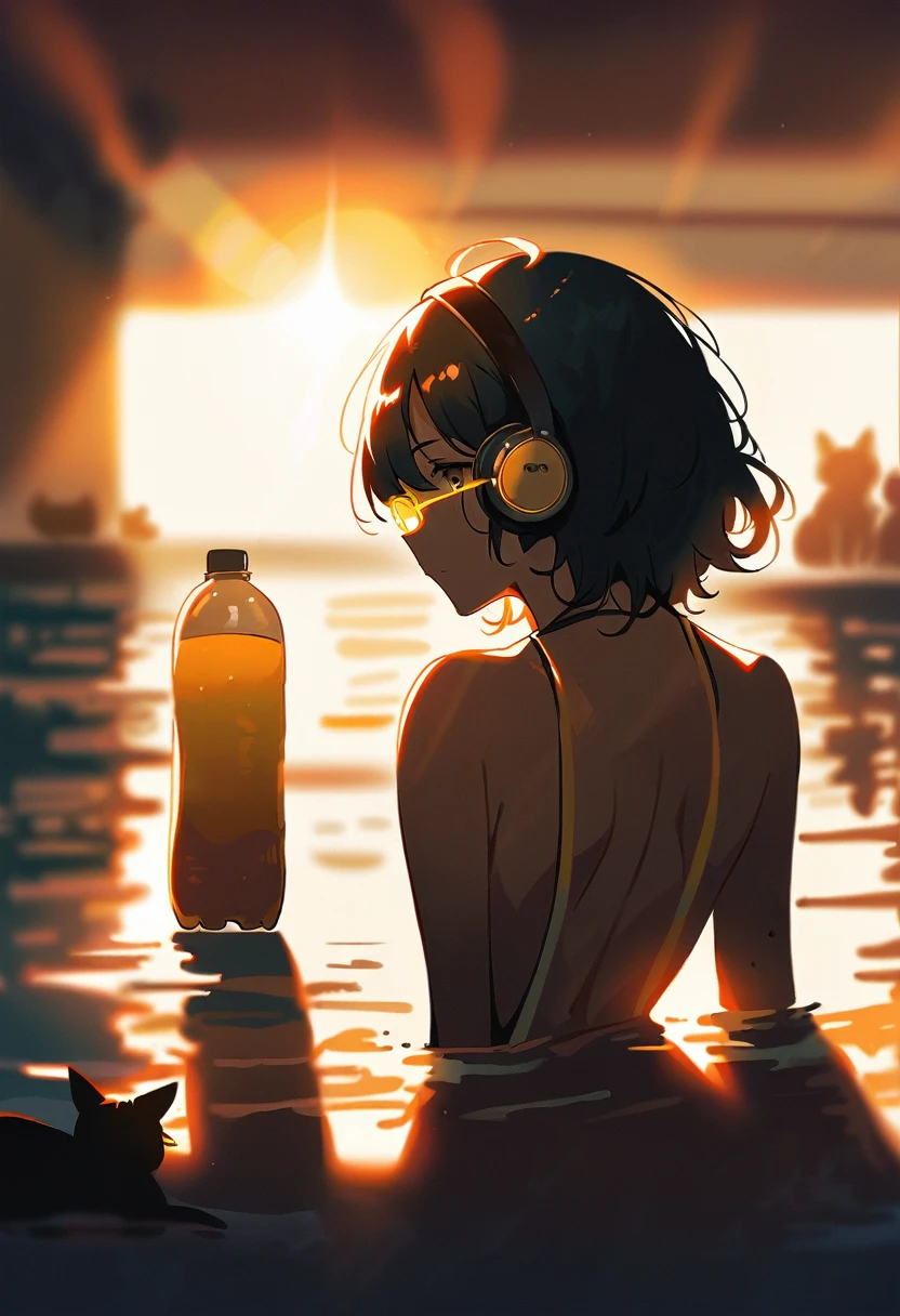(blurry background:1.3), (extremely detailed fine touch:1.3), (hard light, studio light, light rays, dappled light, reflection, shadows, ray tracing:1.0), (2D:1.3), ///, kawaii girl, short black hair, (((yellow glasses:1.3))), underrim, (headphones:1.2), black cat, looking out at the sea, drink in a plastic bottle, sea sparkling in the setting sun, back view