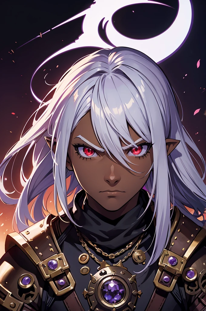 ((best quality)), ((masterpiece)), (detailed), ((boy)), ((mix between dungeonpunk and steampunk armor)), (serious), fantasy illustration, dark skinned, human, upper body, portrait, red eyes, long white hair, (wearing armor), Xemnas from Kingdom Hearts, half-drow, pointy ears, serious face, dramatic lighting, purple hue, art by Kinema Citrus and Tetsuya Nomura