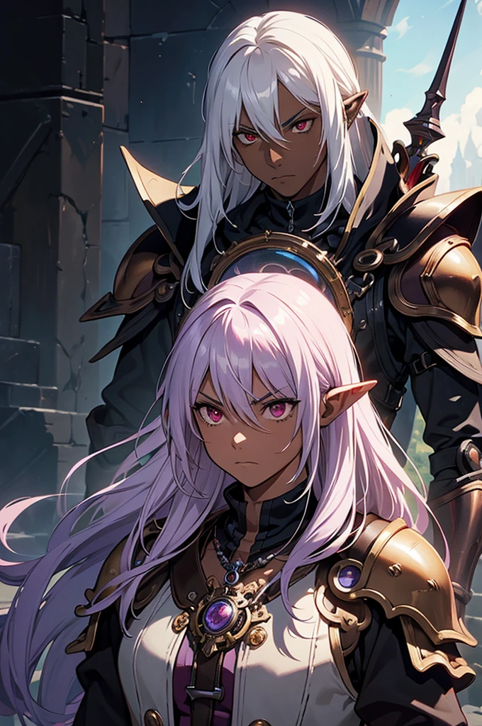 ((best quality)), ((masterpiece)), (detailed), ((boy)), ((mix between dungeonpunk and steampunk armor)), (serious), fantasy illustration, dark skinned, human, upper body, portrait, red eyes, long white hair, (wearing armor), Xemnas from Kingdom Hearts, half-drow, pointy ears, serious face, dramatic lighting, purple hue, art by Kinema Citrus and Tetsuya Nomura