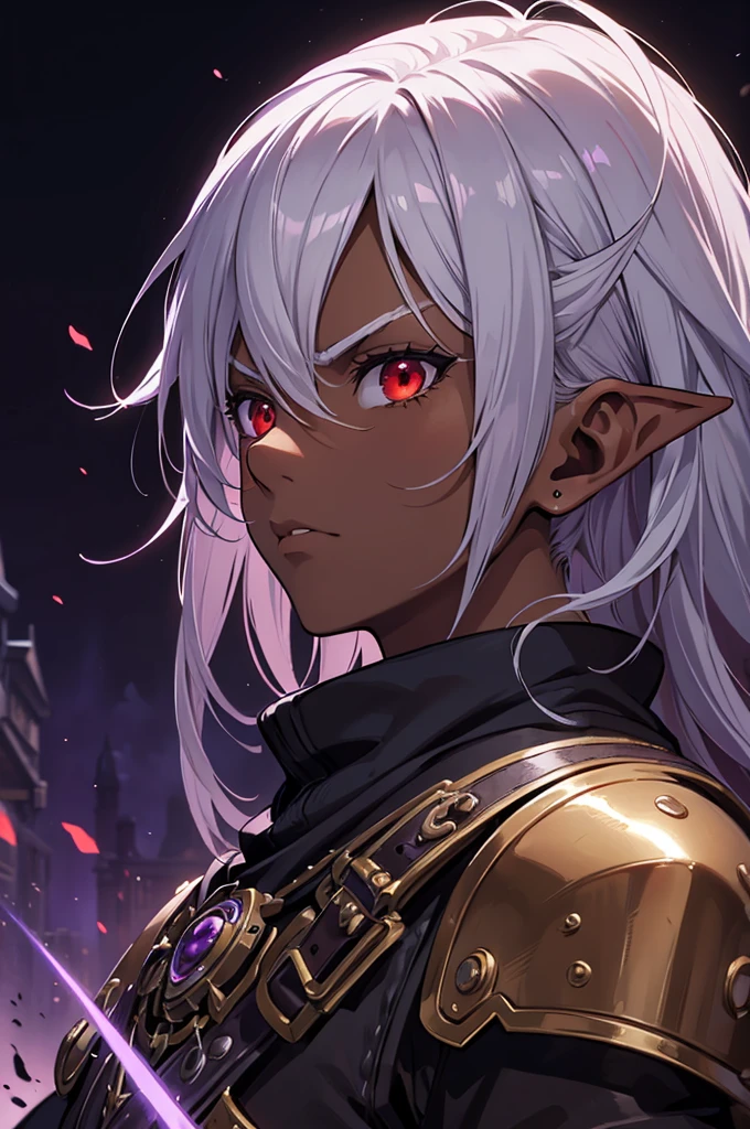 ((best quality)), ((masterpiece)), (detailed), ((boy)), ((mix between dungeonpunk and steampunk armor)), (serious), fantasy illustration, dark skinned, human, upper body, portrait, red eyes, long white hair, (wearing armor), Xemnas from Kingdom Hearts, half-drow, pointy ears, serious face, dramatic lighting, purple hue, art by Kinema Citrus and Tetsuya Nomura