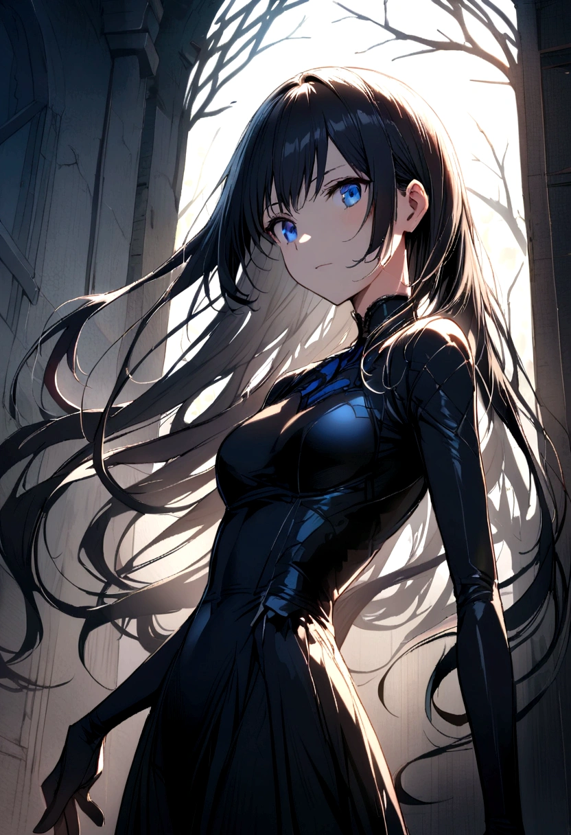 anime girl, beautiful, long black hair, blue eyes, slender, high ,