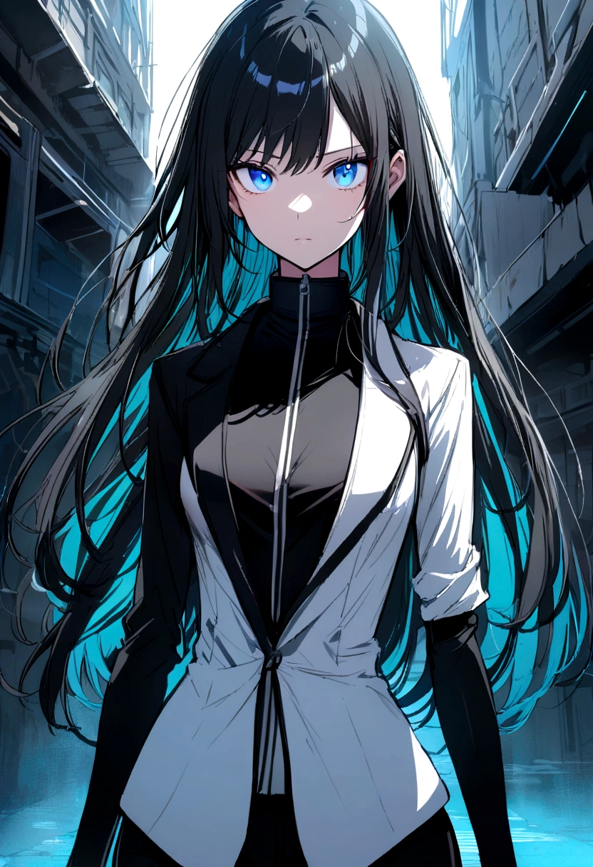 anime girl, beautiful, long black hair, blue eyes, slender, high ,