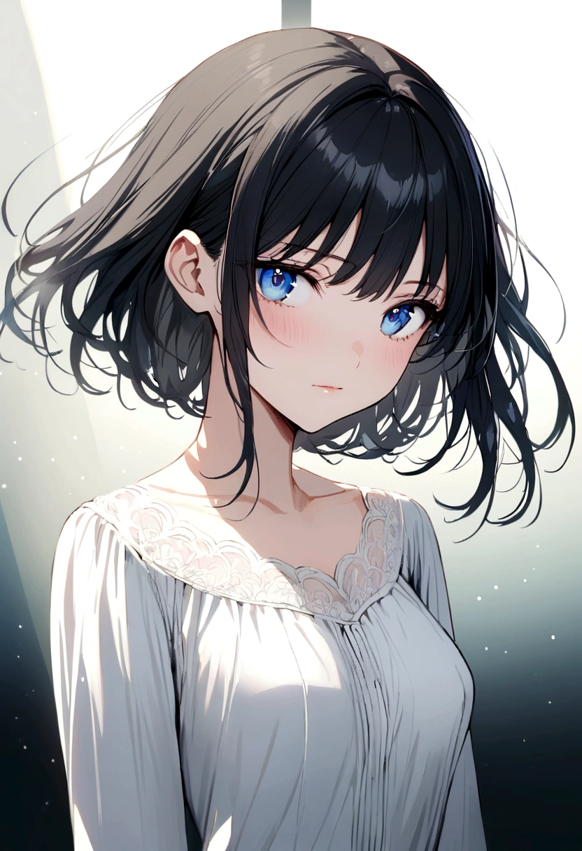 anime girl, beautiful, long black hair, blue eyes, slender, high ,