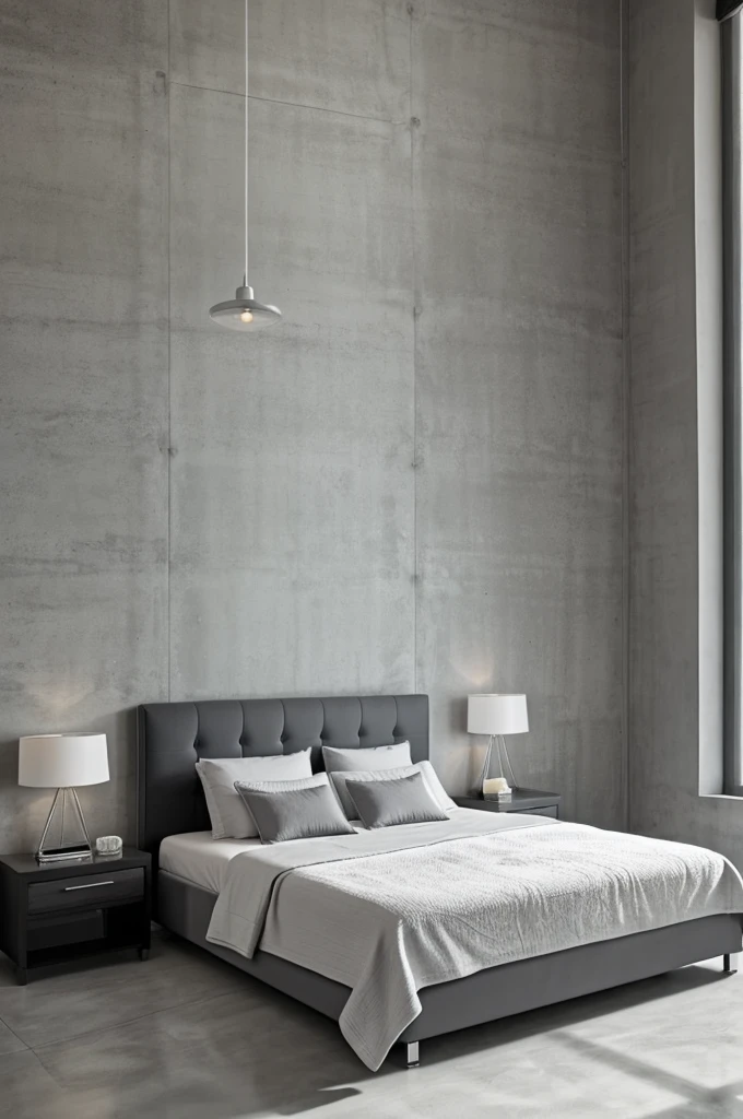 A room with a queen bed with a gray backrest, white blankets, polished cement floor painted in light gray with a background wall painted in a dark gray tone