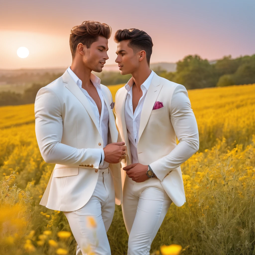 candid a photo of 2man, an attractive and charming, a graceful contrapposto stance (in a field of vibrant swirling flower), good looking, masculine appearance, slender, delicate and symmetrical face, natural olive skin tone, (wearing white outfits with sheer rainbow color fabric details, backdrop of a flowing dramatically in the wind rainbow, soft sunrise scene, Illuminate with soft diffused lighting to create a dreamlike celestial atmosphere, capturing the delicate interplay of light and shadow on face and body, ((full body shot)), wide-angle lens on a high-resolution DSLR camera to capture the grandeur and intricate details of the setting, while shooting dynamic angle to emphasize the model's majestic presence, Canon EOS R6 camera with a 50mm f/1.8 lens, f/2.2 aperture, shutter speed 1/200s. ISO100, by Thomas Synnamon, professional fashion photographer, The overall mood blend the classical elegance of the modern, high-fashion aesthetic, producing an image that feels both timeless and contemporary, raw photo, ((masterpiece)), ((best quality)), High Resolution, (ultra_realistic), (photorealistic, ((Pay attention to the layer and arrangement of model and surrounding objects)), ((Pay attention to the body composition)), ((Correct body structure)), ((Correct photo distance)), romantic atmosphere, lively extremely Gorgeous background), gay, LGBTQ,
