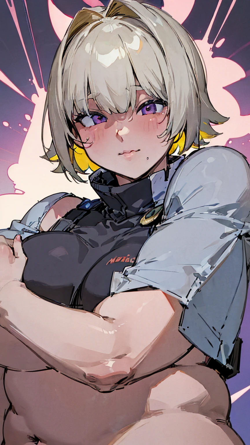 masterpiece, best quality, ultra-detailed, Potrait of beautiful , (chubby) (sexly), (plump), (curvy), (sexly), (), ((tomboy)), (アニメ), (Breasts), (Plump), ((very short hair)), (boyish), (muscular), (naughty), (young), (Short Hair), (pudge face), (cute), (handsome), (), (Big ), (Bad body odor), (Elegg), (purple eyes), ((thick)), (The eyes are hidden by the bangs), (Sinister), (insidious), (No light in my eyes), 