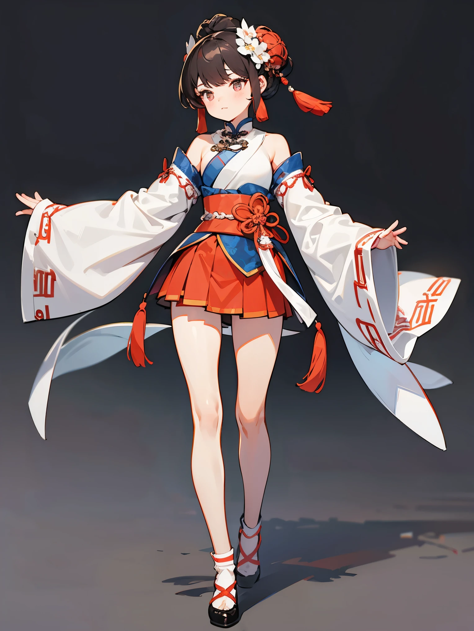 Costume，Chinese Tang Dynasty women，Short skirt，Standing，Show your shoulders，Show your arms，Show your thighs，Embroidered shoes，Ball head hairstyle，whole body，Blank Background