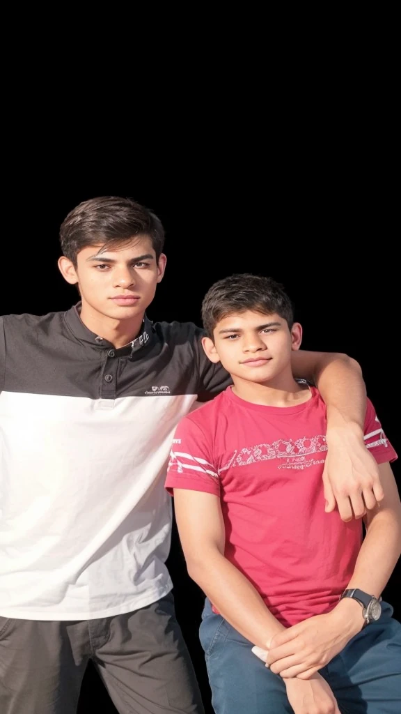 there are two boys standing next to each other in front of a black background, very very low quality picture, profile pic, brothers, very clear picture, two young men, ghutra and egal, taken with sony alpha 9, a picture, photo taken in 2 0 2 0, real picture, photo taken at night, very artistic pose, high quality picture ,100mp quality