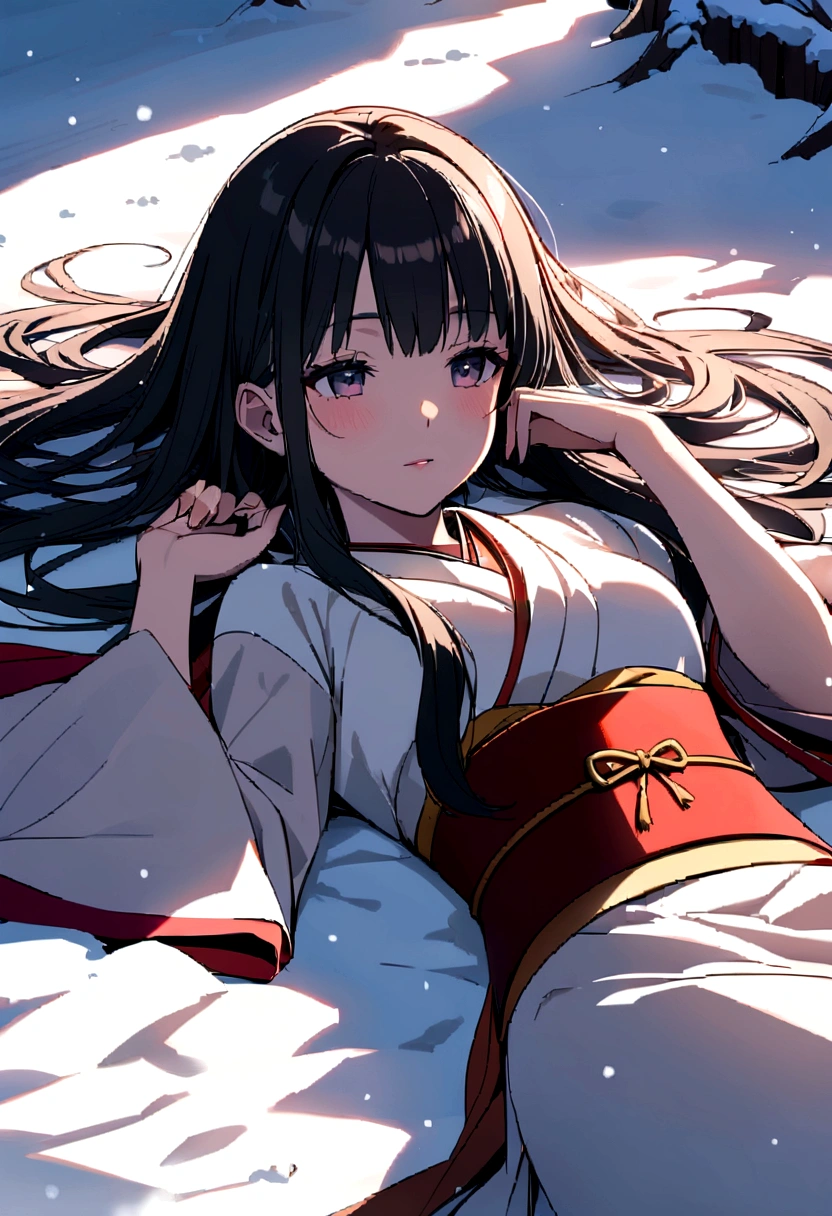 Japanese princess lying in the snow.