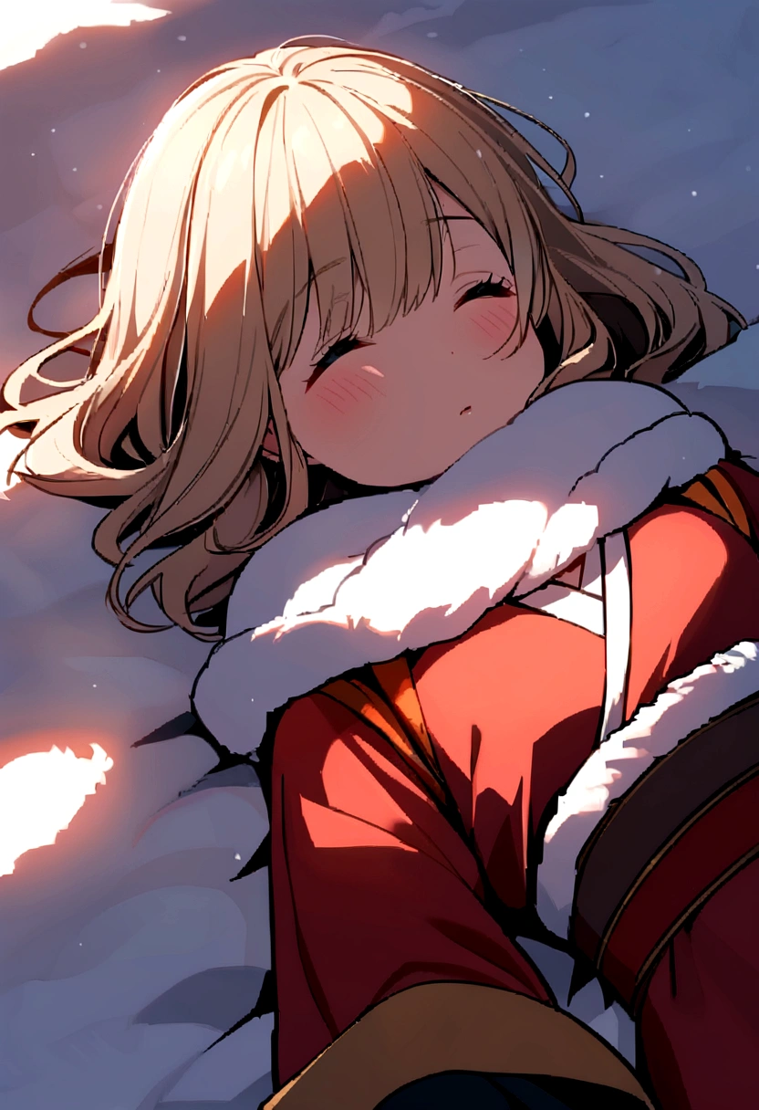 Japanese princess lying in the snow.