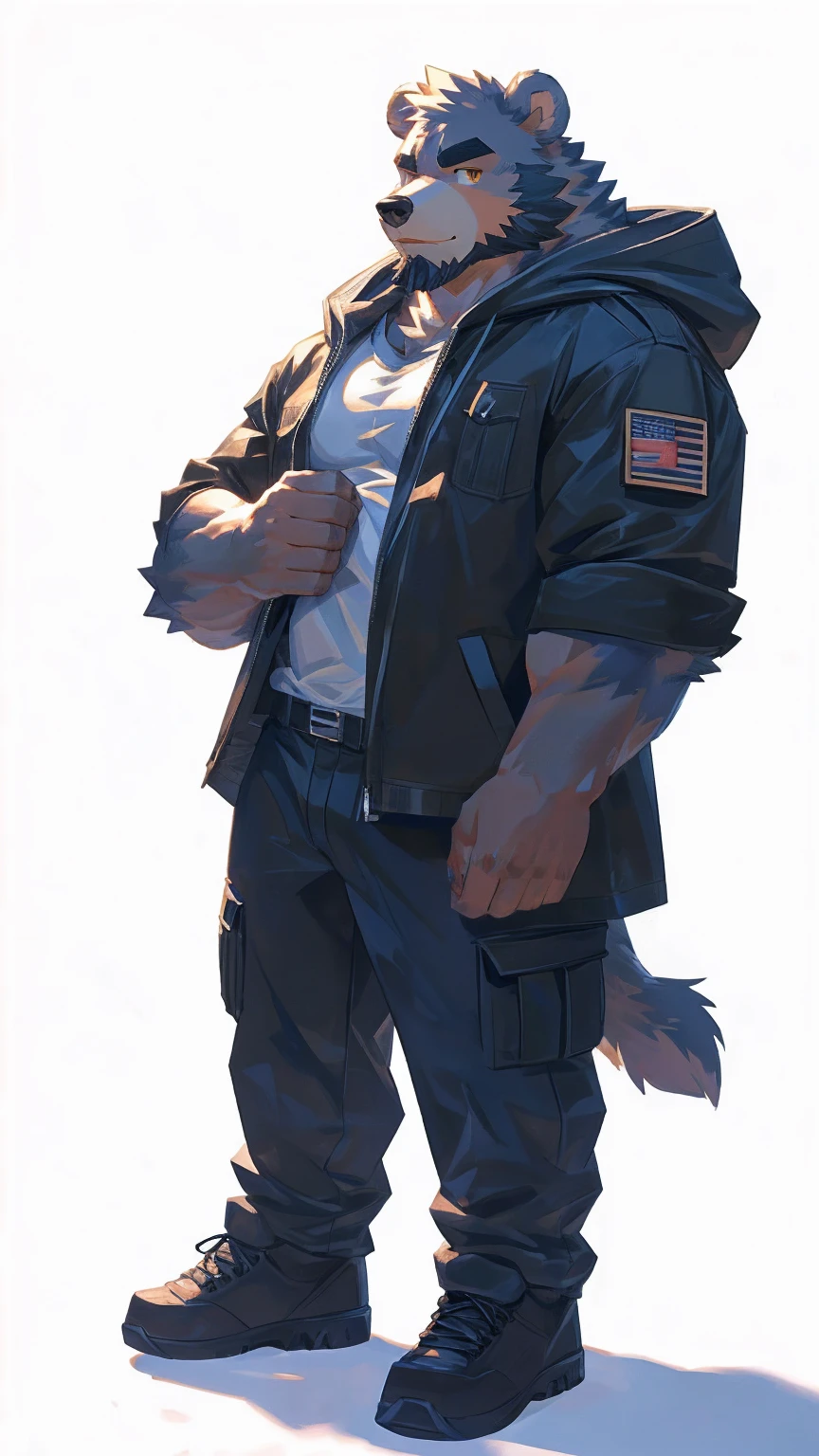 (masterpiece:1.2), best quality,pixiv,official art,perfect anatomy, (Ray tracing, light),solo, (1_male:1.3) , (muscle), (grey fur:1.4), (muscle bear), (beard:1.2), (gleaming golden eyes), bear tail, Thick black eyebrows,(open hooded parka), (shirt inside), jeans, (cargo pants:1.2), black shoes, (pure white background: 1.3)