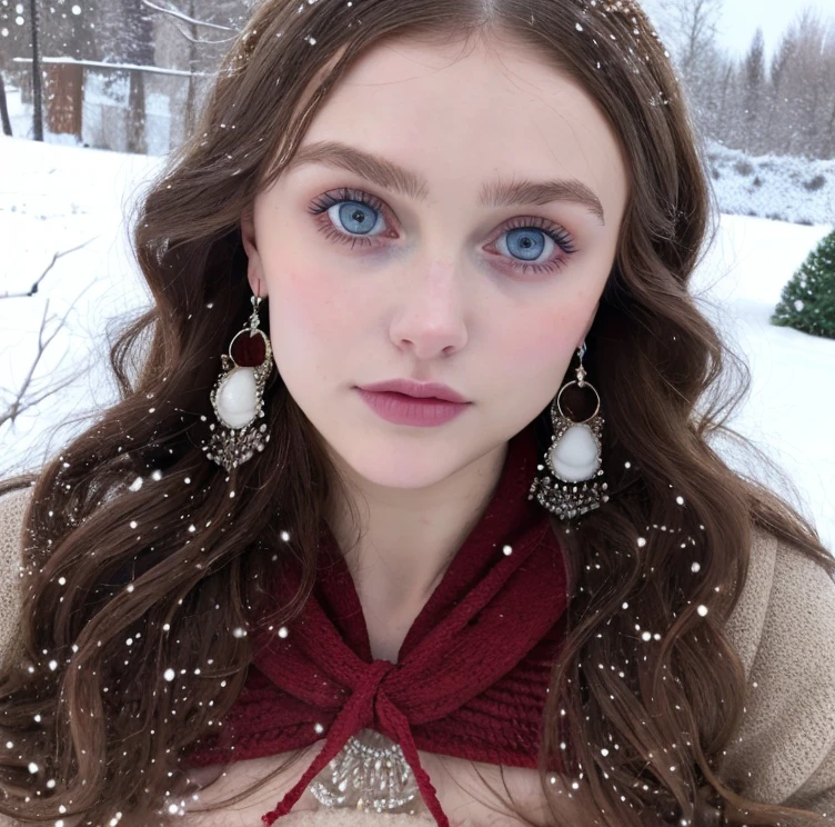 Beautiful girl - Lily Rose Depp, blue eyes, long curly white hair witg, detailed facial traits, beautiful earrings, national turkic female dress, naked breasts, naked nipples, yurta behind, it's snowing, sexy pose