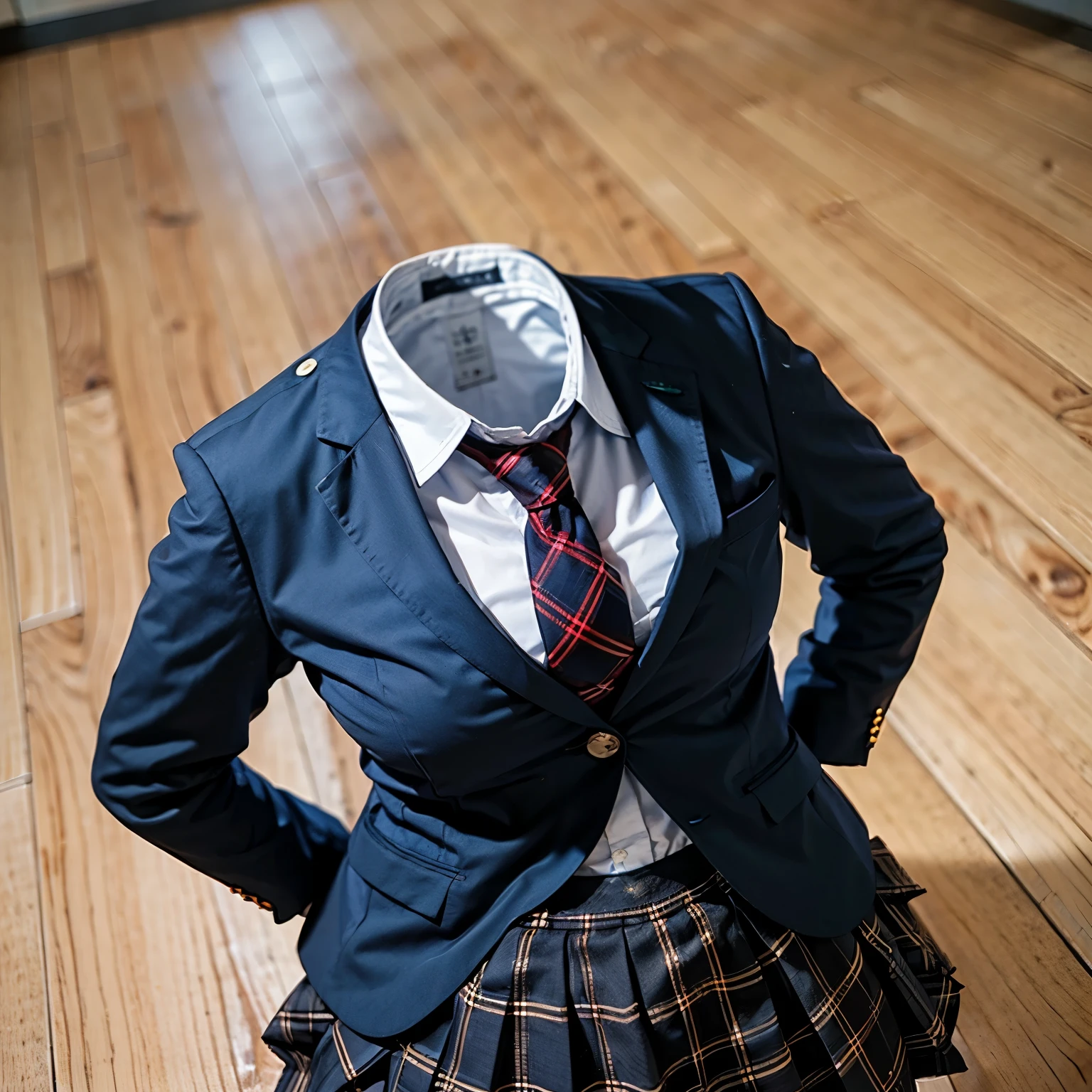 school blazer laid on floor, plaid skirt, stripe tie, fat, cute big breasts, (invisible, no human, headless, handless:1.5)