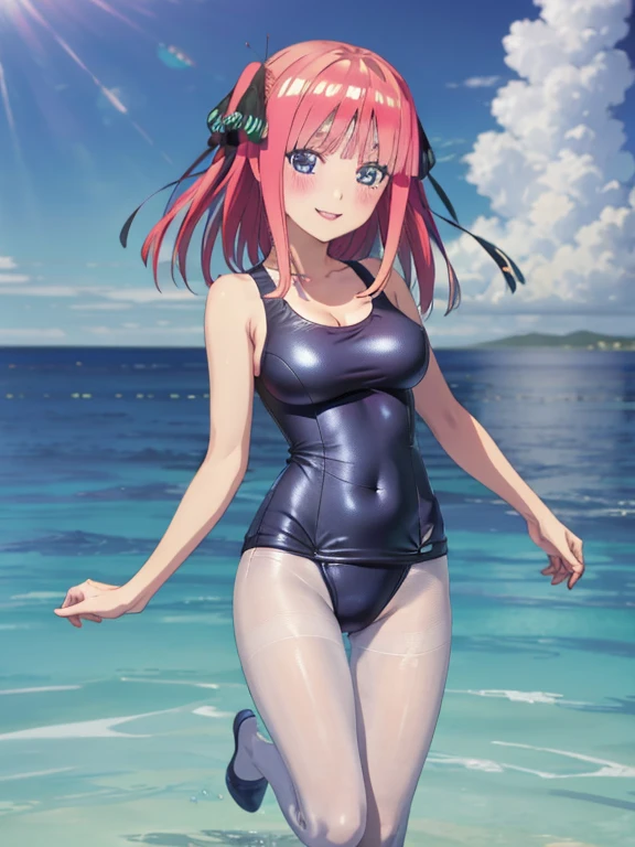 best quality, insanely detailed, nino nakano, one-piece swimsuit, breasts, pantyhose, blush, smile,