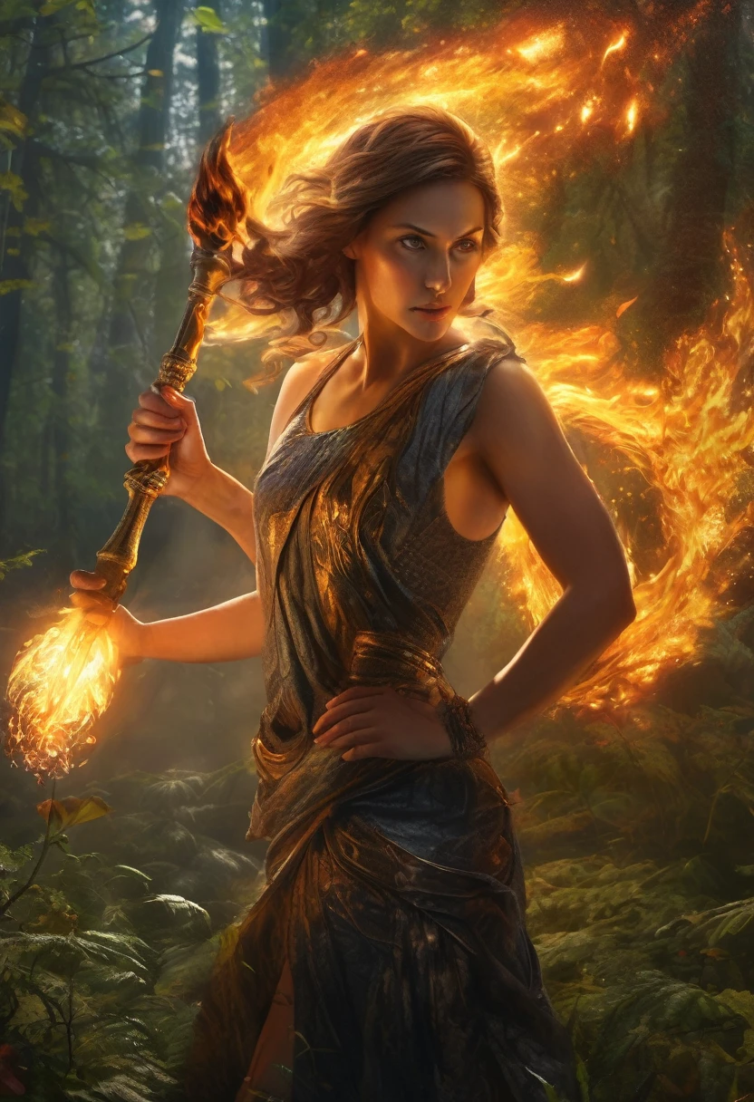 (Award-winning masterpiece:1.5), (incredible detail), (hyper realistic:1.4), (whole body:1.7), (woman grabbing torch and lighting it), (flame illuminating clearing), (brief moment of hope), (creature hesitating and retreating from bright light), (dark forest), (dramatic lighting), (intricate details:1.1)