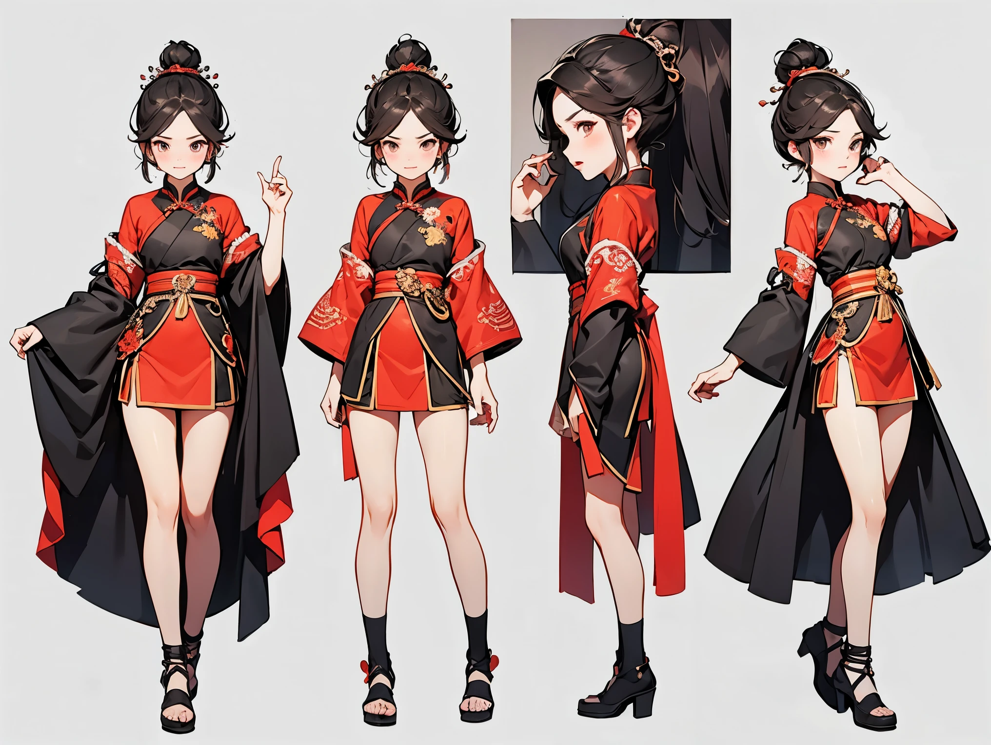 Costume,Chinese Tang Dynasty women,Short skirt,Standing,Show your thighs,Embroidered shoes,Ball head hairstyle,whole body,Blank Background