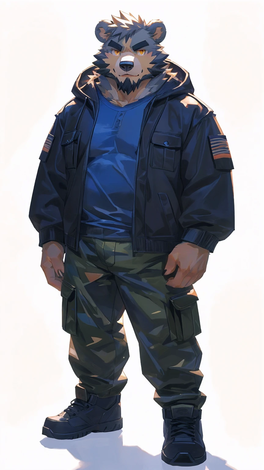 (masterpiece:1.2), best quality,pixiv,official art,perfect anatomy, (Ray tracing, light),solo, (1_male:1.3) , (muscle), (grey fur:1.4), (muscle bear), (beard:1.2), (gleaming golden eyes), bear tail, full body, Thick black eyebrows,(open hooded parka), (shirt inside), jeans, (cargo pants:1.2), black shoes, (pure white background: 1.3)