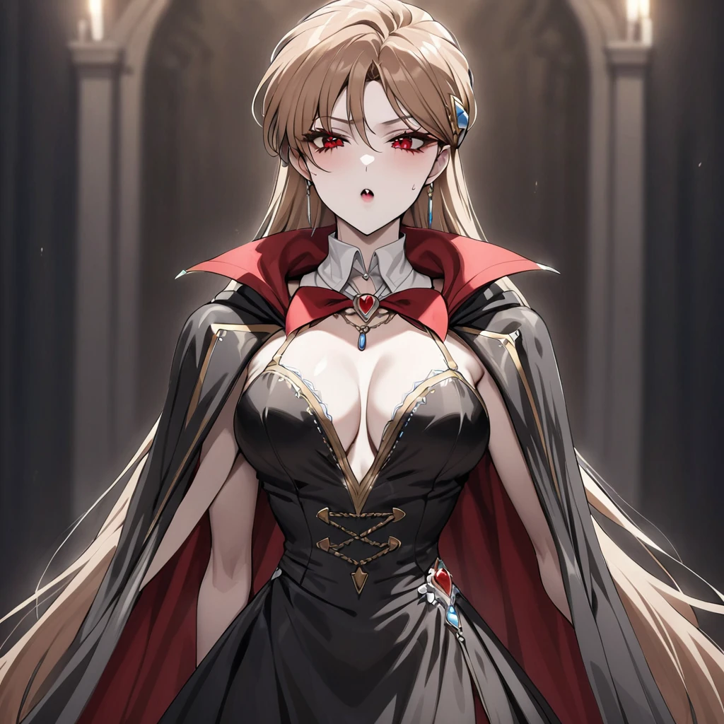 ((Highest quality)), ((masterpiece)), (detailed), （Perfect Face）、The woman is Princess Leona, a vampire and Countess of Dracula, with medium-long light brown hair and a gorgeous jeweled black dress and vampire cloak.