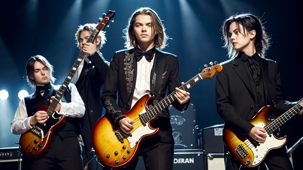 Realistic portrait photograph of four men, head to toe, on stage in spotlight, playing a concert, the guitarist on the left of the photograph is a man with a face resembling Bjorn Andresen as a boy, the guitarist is a tall, slender man with a bright, vivacious expression In the centre stands a man with black hair and green eyes, dressed as a black butler, playing an electric guitar made by Caparison Guitars; in the middle stands a vocalist, the vocalist looks like Leonardo Wilhelm DiCaprio as a young man; on the right On the right, a man resembling William Franklyn-Miller with an AtelierZ electric bass, the man with the electric bass is dressed in a gothic aristocratic costume; at the far centre, a young River Phoenix in a black suit is sitting in front of a drum set, playing the drums. He is playing the drums.