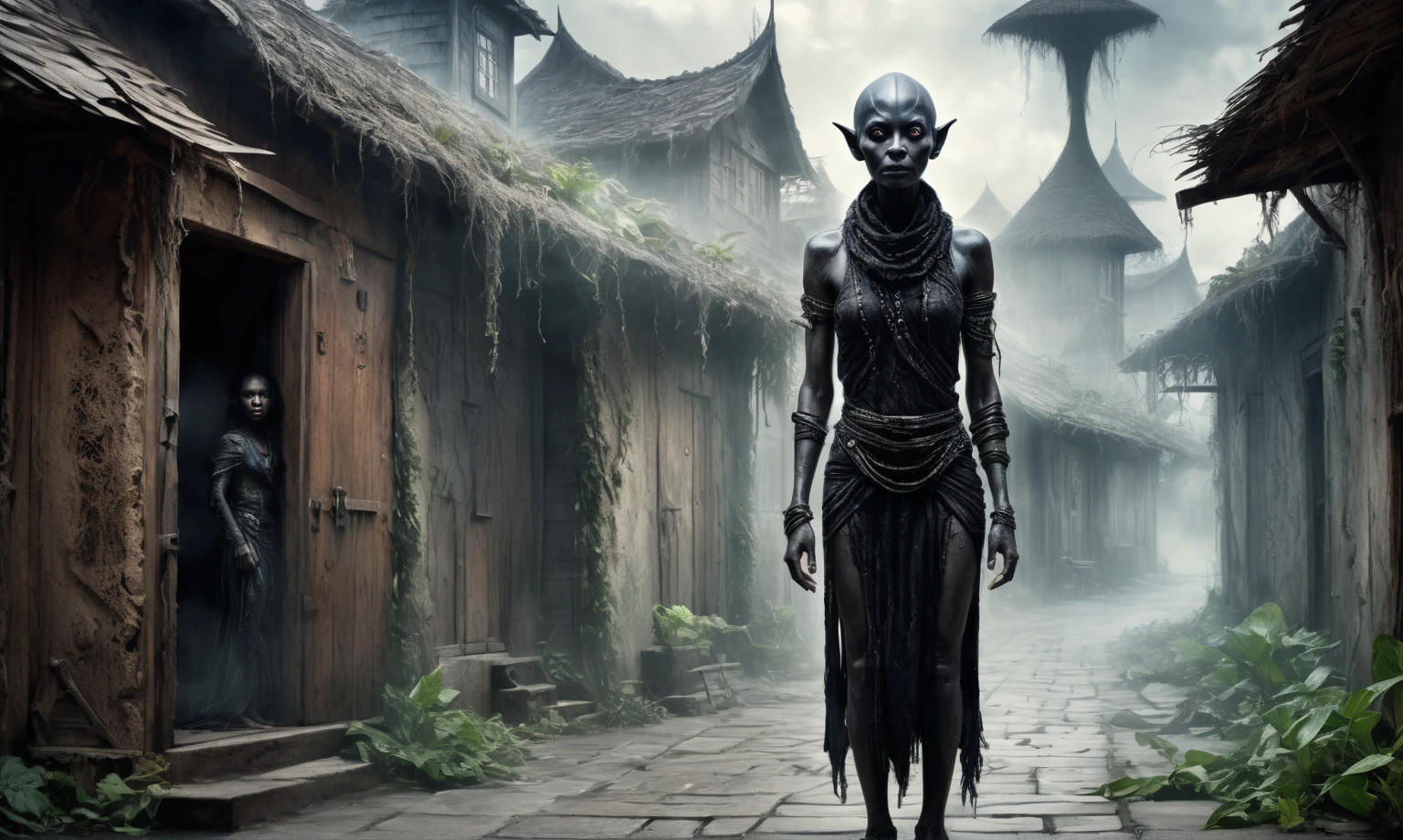 full body length shot,beggar niobium graphite mummy of Alien Entity,native africa slave,Caribbean with AI in brain,starving,medieval azctec city,Cinematic,soft colors, Technicolor,natural skin textures, hyper realism, hyper detailed,Extremely detailed,High contrast,Masterpiece,Realistic,Ultra Detailed, intricate details,realistic humid leather,extremly intricate,Epic Realistic, cinematic style, irina yermolova,high contrast,hdr,extremely detailed,masterpiece, intricate details, eyes extremely detailed, high detailed eyes,8k resolution,retina, Nikon Z9,Korea,orc, perfect, Elf，transition between two art styles, Double contact, X-ray, Creative, vivid light, fantasy, Abstract, Surrealism, super detailed, high resolution, trap against fairies between houses in air,insanity wear,Her skin is pale, almost translucent. symbols of gothic elements, further emphasizing its dark air
