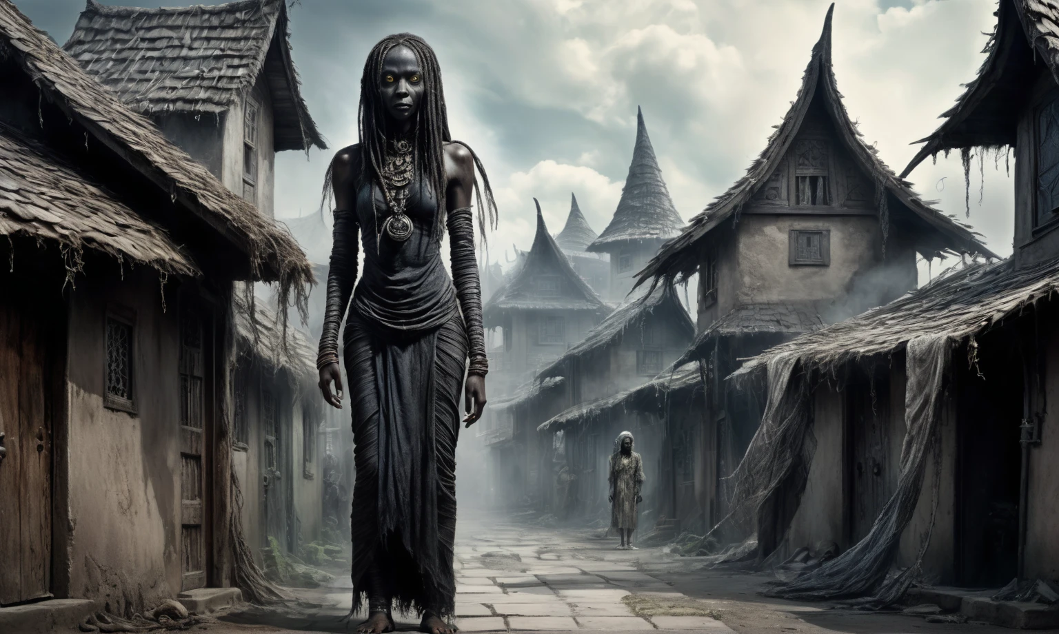 full body length shot,beggar niobium graphite mummy of Alien Entity,native africa slave,Caribbean with AI in brain,starving,medieval azctec city,Cinematic,soft colors, Technicolor,natural skin textures, hyper realism, hyper detailed,Extremely detailed,High contrast,Masterpiece,Realistic,Ultra Detailed, intricate details,realistic humid leather,extremly intricate,Epic Realistic, cinematic style, irina yermolova,high contrast,hdr,extremely detailed,masterpiece, intricate details, eyes extremely detailed, high detailed eyes,8k resolution,retina, Nikon Z9,Korea,orc, perfect, Elf,transition between two art styles, Double contact, X-ray, Creative, vivid light, fantasy, Abstract, Surrealism, super detailed, high resolution, trap against fairies between houses in air,insanity wear,Her skin is pale, almost translucent. symbols of gothic elements, further emphasizing its dark air