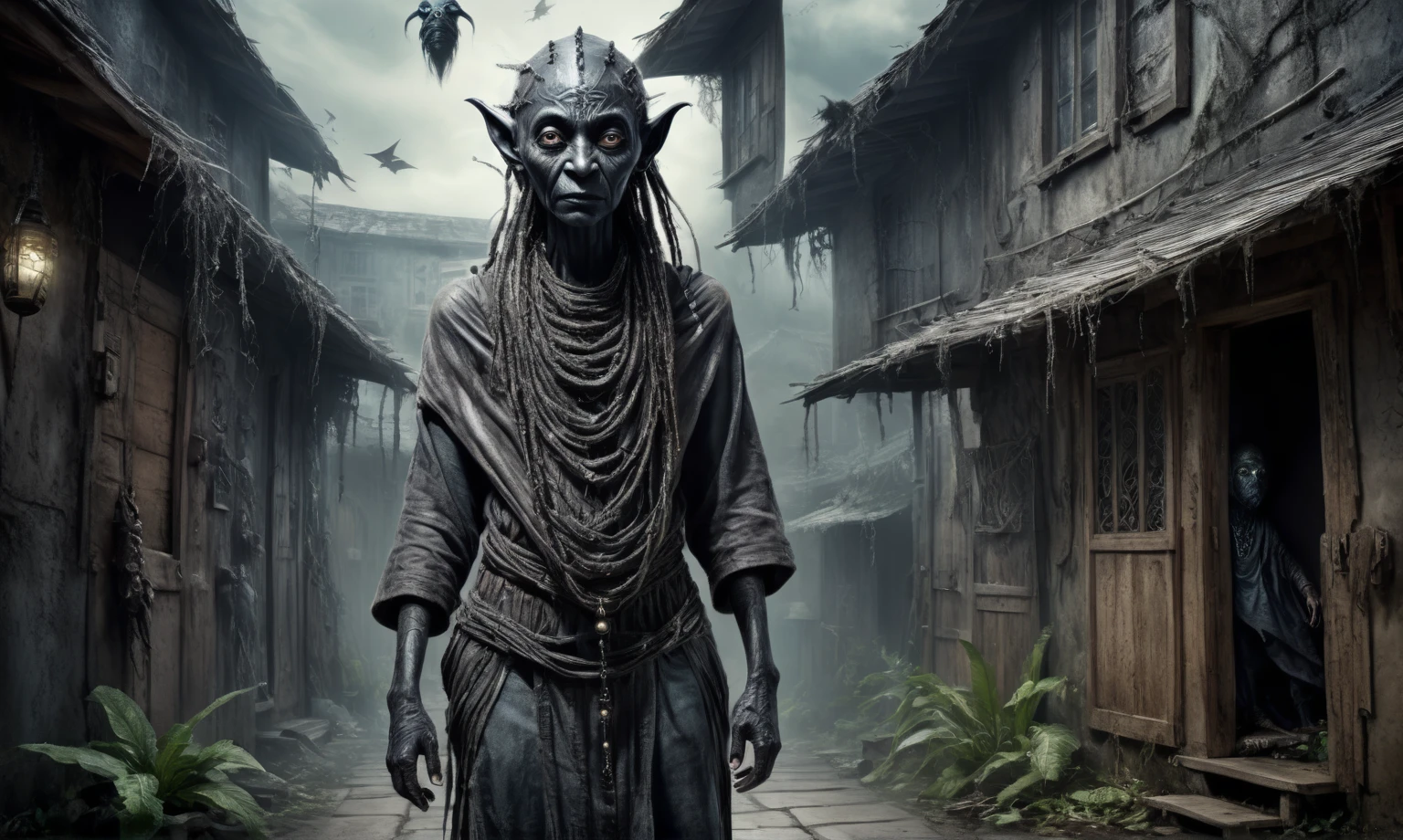 full body length shot,beggar niobium graphite mummy of Alien Entity,native africa slave,Caribbean with AI in brain,starving,medieval azctec city,Cinematic,soft colors, Technicolor,natural skin textures, hyper realism, hyper detailed,Extremely detailed,High contrast,Masterpiece,Realistic,Ultra Detailed, intricate details,realistic humid leather,extremly intricate,Epic Realistic, cinematic style, irina yermolova,high contrast,hdr,extremely detailed,masterpiece, intricate details, eyes extremely detailed, high detailed eyes,8k resolution,retina, Nikon Z9,Korea,orc, perfect, Elf,transition between two art styles, Double contact, X-ray, Creative, vivid light, fantasy, Abstract, Surrealism, super detailed, high resolution, trap against fairies between houses in air,insanity wear,Her skin is pale, almost translucent. symbols of gothic elements, further emphasizing its dark air