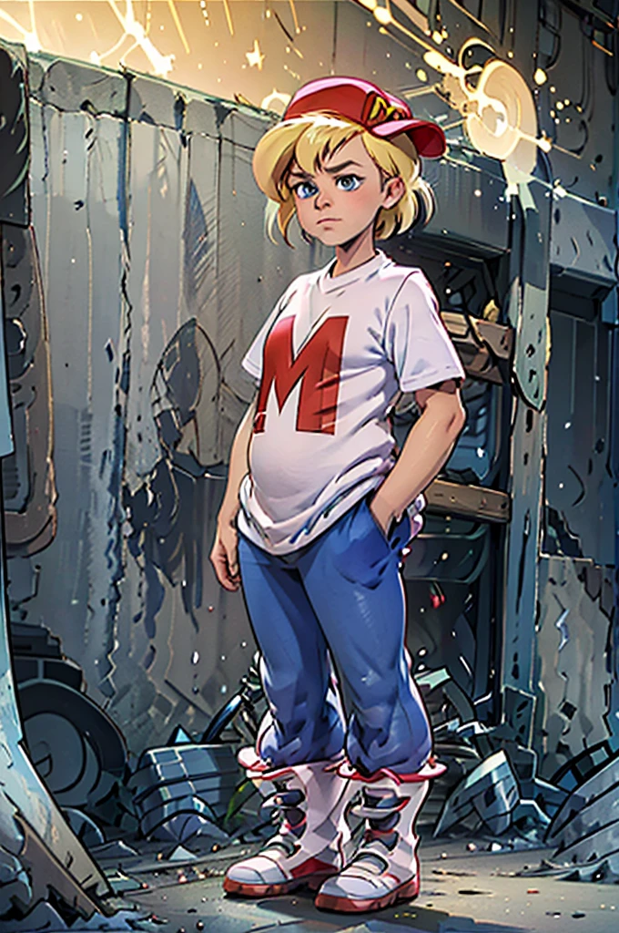 (masterpiece, best quality), 1girl,  1girl, mighty max, blonde hair, red hat, white shirt, blue pants, blue eyes,  short sleeves,  hands in pockets, sideways hat, baseball cap, hyper-pregnant ****,  short stature 