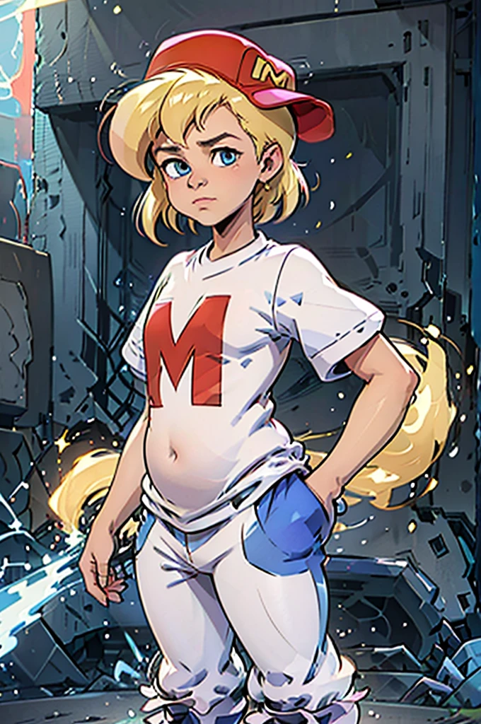 (masterpiece, best quality), 1girl,  1girl, mighty max, blonde hair, red hat, white shirt, blue pants, blue eyes,  short sleeves,  hands in pockets, sideways hat, baseball cap, hyper-pregnant ****,  short stature 