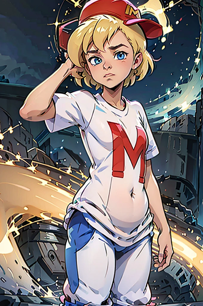 (masterpiece, best quality), 1girl,  1girl, mighty max, blonde hair, red hat, white shirt, blue pants, blue eyes,  short sleeves,  hands in pockets, sideways hat, baseball cap, hyper-pregnant ****,  short stature 