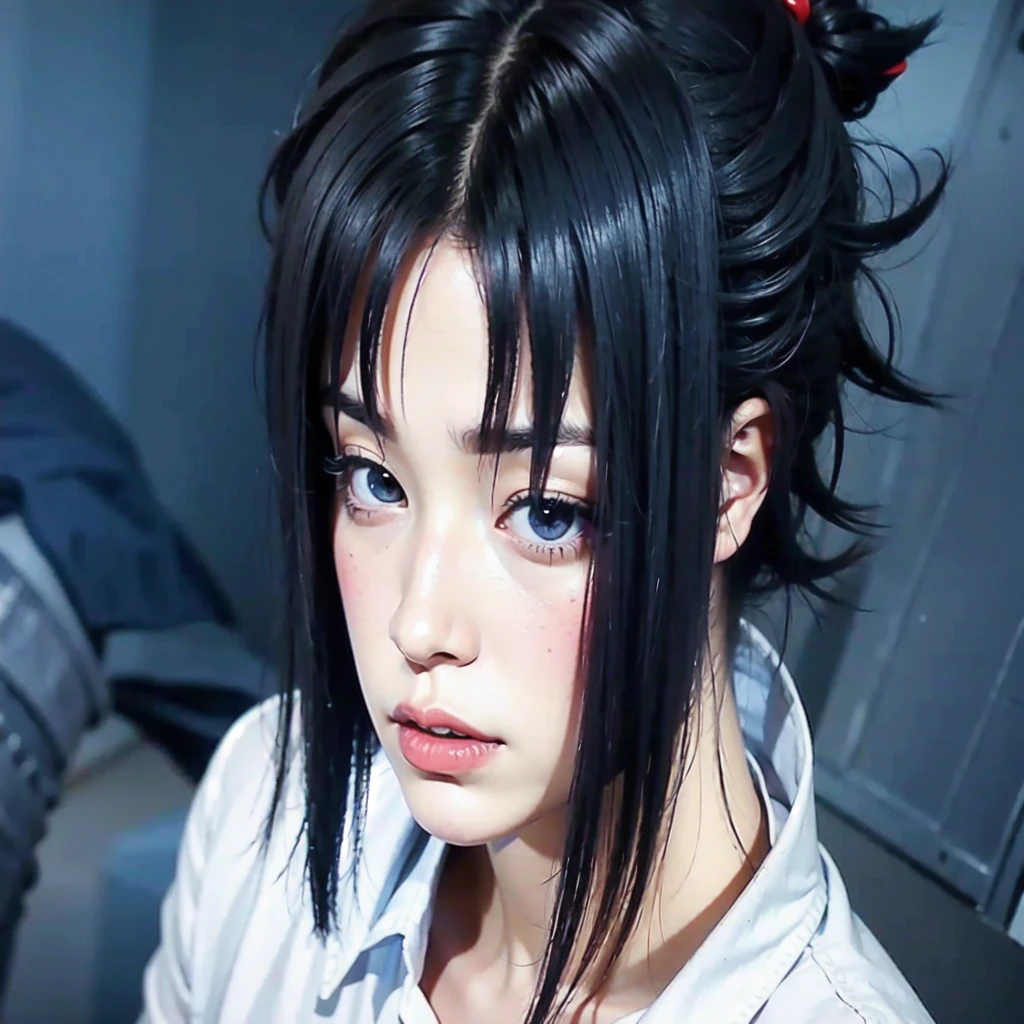 a close up of a person with black hair and a white shirt, sasuke uchiha