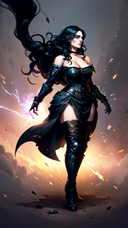 (Katie McGrath face), Generate an illustration of a young (Yennefer of Vengerberg), of Witcher 3, hair combed to sides, layered haircut, de terno preto, long hair flows to her back, hair flows straight down, black hair, Ultrarealistic Violet eyes, both eyes are similar, (big round breasts), deep cleavage, Ultrarealistic juicy round butt, thick thighs, black Corset outfit in anime format with a serious style, ((black strapless dress)), Ruby black velvet choker, grey tights, black boots, gothic make up, masterpiece, ((dark lighting)), black background, puffy lips,slendered toned abs, beautiful face