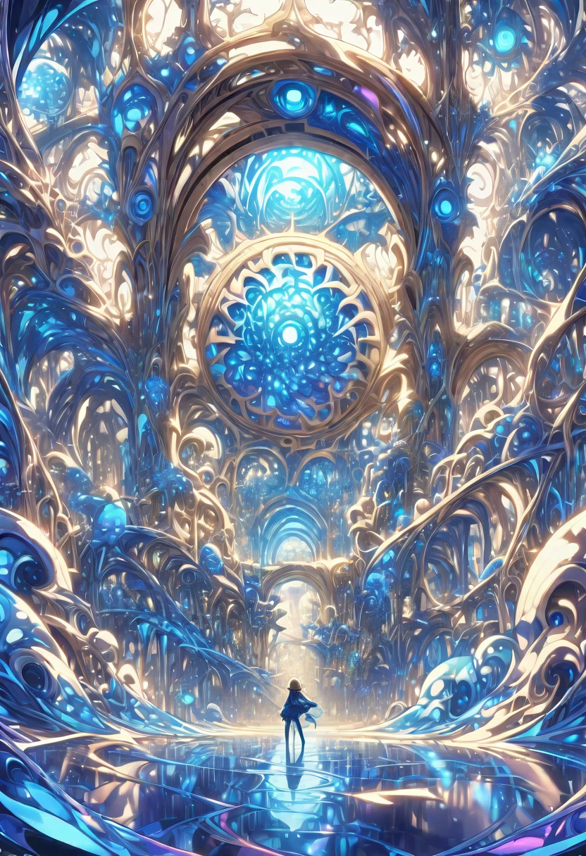 ((masterpiece)), (anime:1.3), ((Highest quality)), (Abstract art:1.5), (High resolution), (pale colour), Wide Shot, (Fractal structure:1.5), , landscape, (beautiful), (Biological atmosphere), deep sea, (pretty girl),  beautiful白い髪,  　Glass　ice　mirror　Blue rose　water晶 透き通っている　water　prism