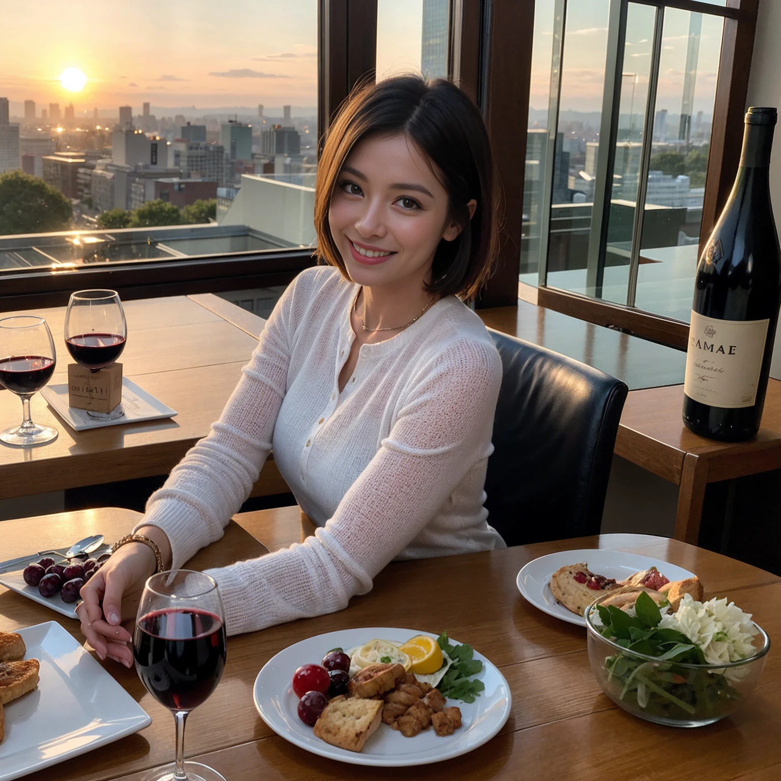 ((Highest quality、8K、masterpiece:1.3))、 (Ultra-realistic、 Genuine、Bright image、Intricate details:1.2), 最高のsmile、1 male 1 female、Wine Party、Beautiful couple、Love Love Love、Tokyo Lovers、Beautiful friends、actress couple、smile、Full-course dinner at a packed table、 (Slim face), (the body is slim), (Brown Hair), (short hair), テーブルのwine glass、Please shine a light on my face、 Amazing view of the sunset sky and clouds、42 years old 39 years old, red wine 、Appetizers、Wine bottle、sparkling wine、Long sleeve shirt、dress、White wine, red wine, wine glass,