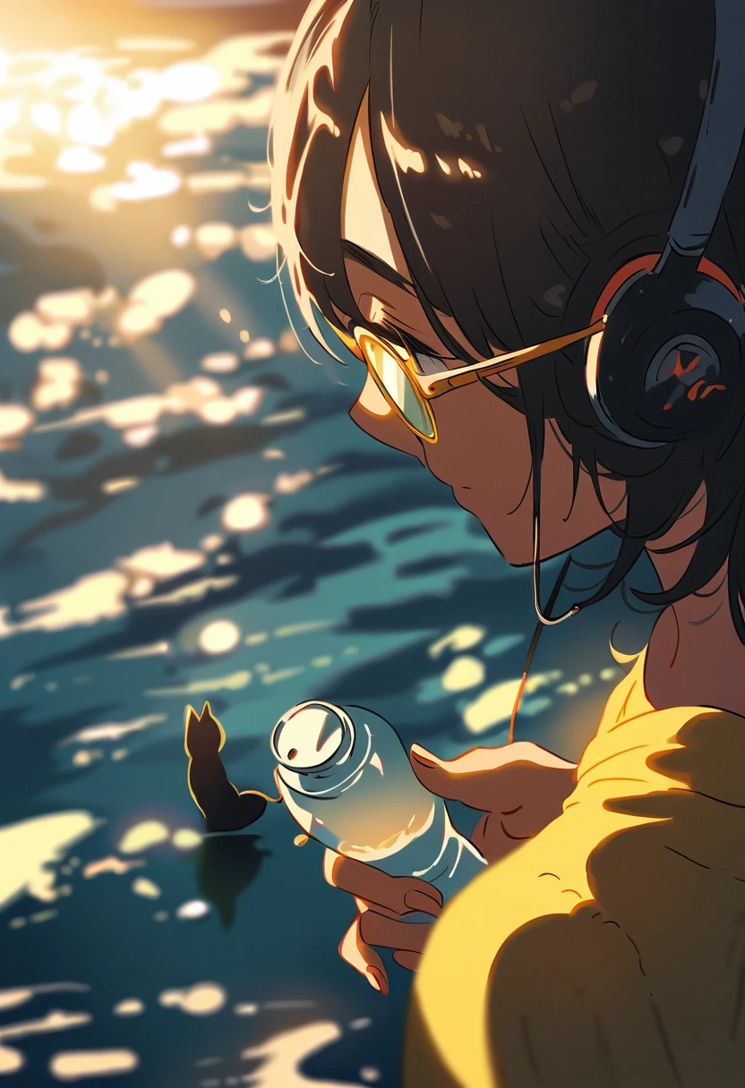(blurry background:1.3), (extremely detailed fine touch:1.3), (hard light, studio light, light rays, dappled light, reflection, shadows, ray tracing:1.0), (2D:1.3), ///, kawaii girl, short black hair, (((yellow glasses:1.3))), underrim, (headphones:1.2), black cat, looking out at the sea, drink in a plastic bottle, sea sparkling in the setting sun, back view