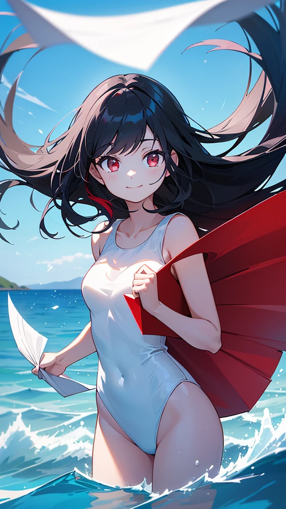 a beautiful young girl with long black hair and bright red eyes, wearing a swimsuit and standing with a bright smile, (((holding a white paper up towards the viewer))), set against a backdrop of a blue ocean and sky with shimmering light reflections on the water
