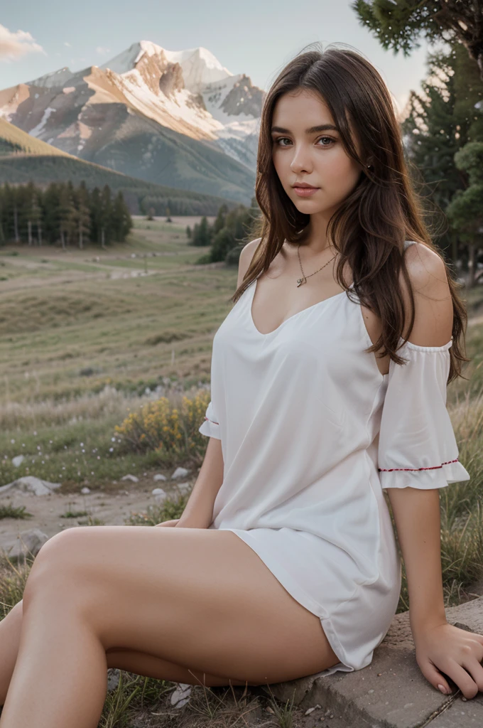 1girl in, 25 years old, Square face, Long hair, fat body, Looking at viewer, jewelry, Realistic, Sexy, nightgown outfit, colorful outfit, Background of grasslands and mountain peaks, posture sit