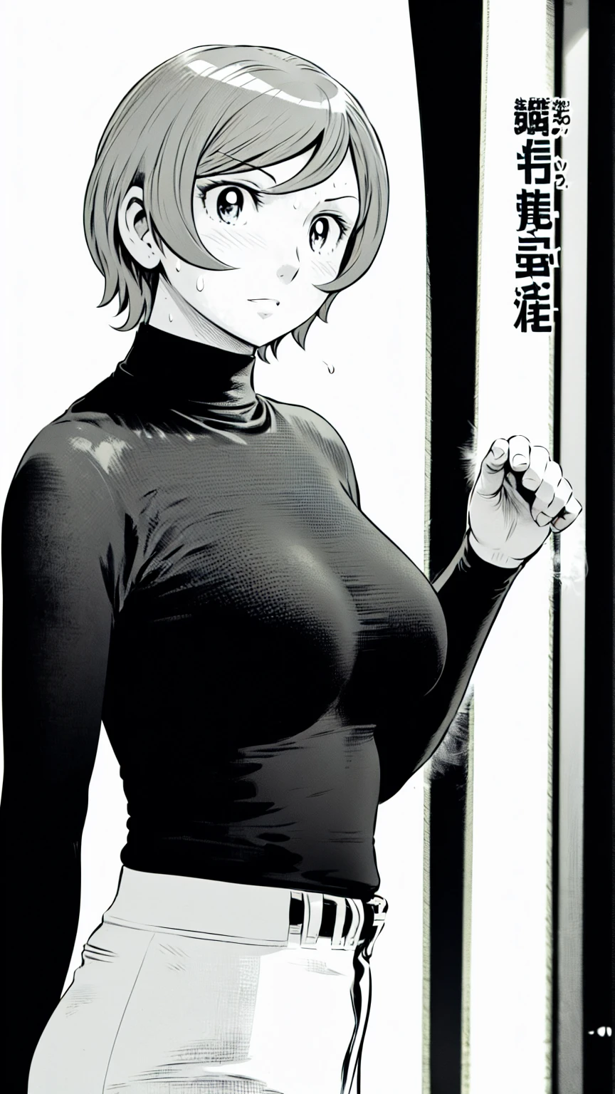 (野球uniform:1.2),
Blonde Hair, (short hair:1.2),Long sleeve, Black Shirt, turtleneck,White trousers、uniform、Black belt、((Illustration of people))、Big Boobs、
View Audience,, (Highest quality:1.3),One Girl, White pants、uniform、Outdoor、baseball ground、ground、soil、blue eyes、Tight black shirt、(masterpiece、Highest quality)、Highest quality, Ultra-high resolution, (((masterpiece))), alone, Sweat、Big eyes、Big Breasts、One Girl, Front view、Embarrassed face、Bronze colored hair、((short hair))、Stand up straight