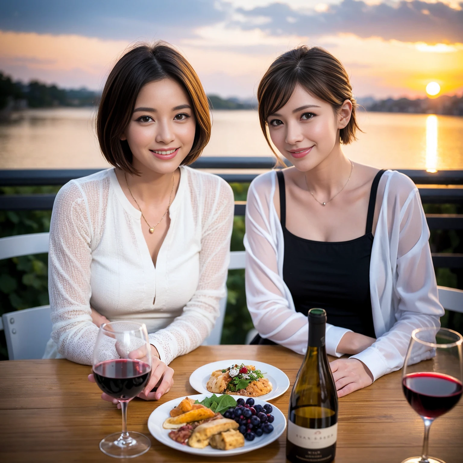 ((Highest quality、8K、masterpiece:1.3))、 (Ultra-realistic、 Genuine、Bright image、Intricate details:1.2), 最高のsmile、1 male 1 female、Wine Party、Beautiful couple、Love Love Love、Tokyo Lovers、Beautiful friends、actress couple、smile、Full-course dinner at a packed table、 (Slim face), (the body is slim), (Brown Hair), (short hair), テーブルのwine glass、Please shine a light on my face、 Amazing view of the sunset sky and clouds、42 years old 39 years old, red wine 、Appetizers、Wine bottle、sparkling wine、Long sleeve shirt、dress、White wine, red wine, wine glass,