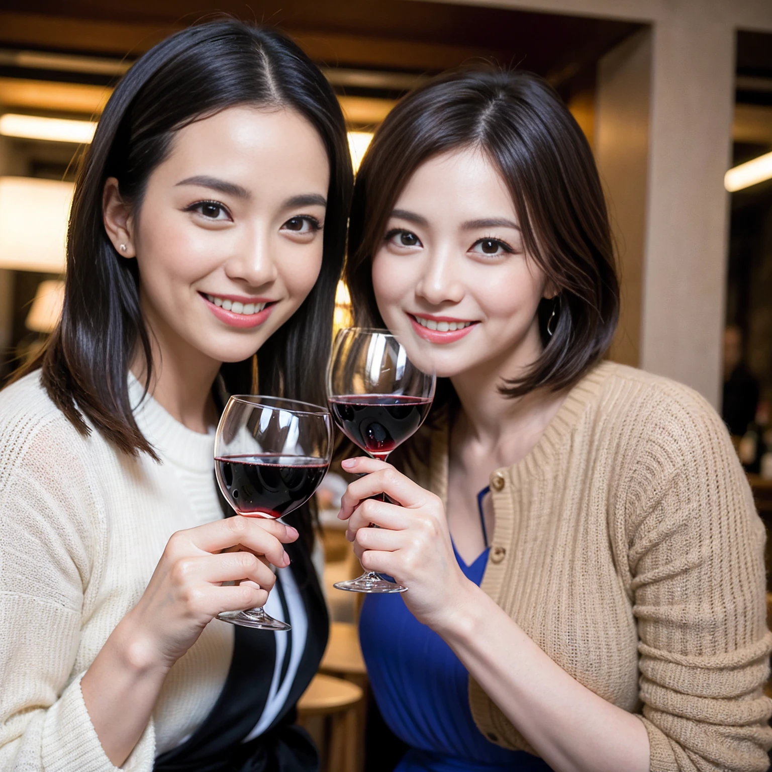 ((Highest quality、8K、masterpiece:1.3))、 (Ultra-realistic、 Genuine、Bright image、Intricate details:1.2), 最高のsmile、1 male 1 female、Wine Party、Beautiful couple、Love Love Love、Tokyo Lovers、Beautiful friends、actress couple、smile、Full-course dinner at a packed table、 (Slim face), (the body is slim), (Brown Hair), (short hair), テーブルのwine glass、Please shine a light on my face、 Amazing view of the sunset sky and clouds、42 years old 39 years old, red wine 、Appetizers、Wine bottle、sparkling wine、Long sleeve shirt、dress、White wine, red wine, wine glass,