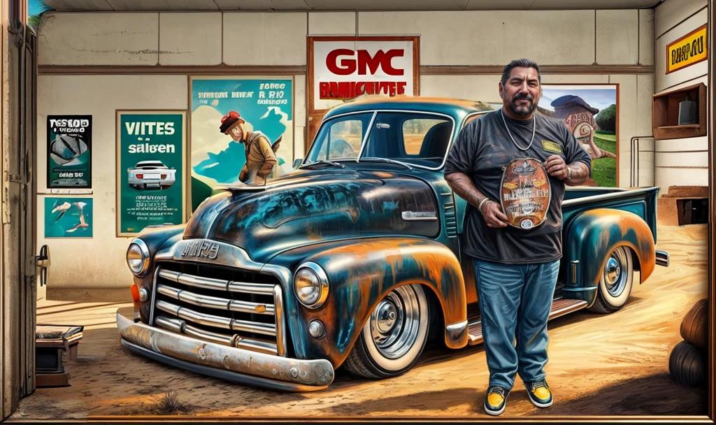 a large wall with a poster depicting a GMC 52 pickuptruck