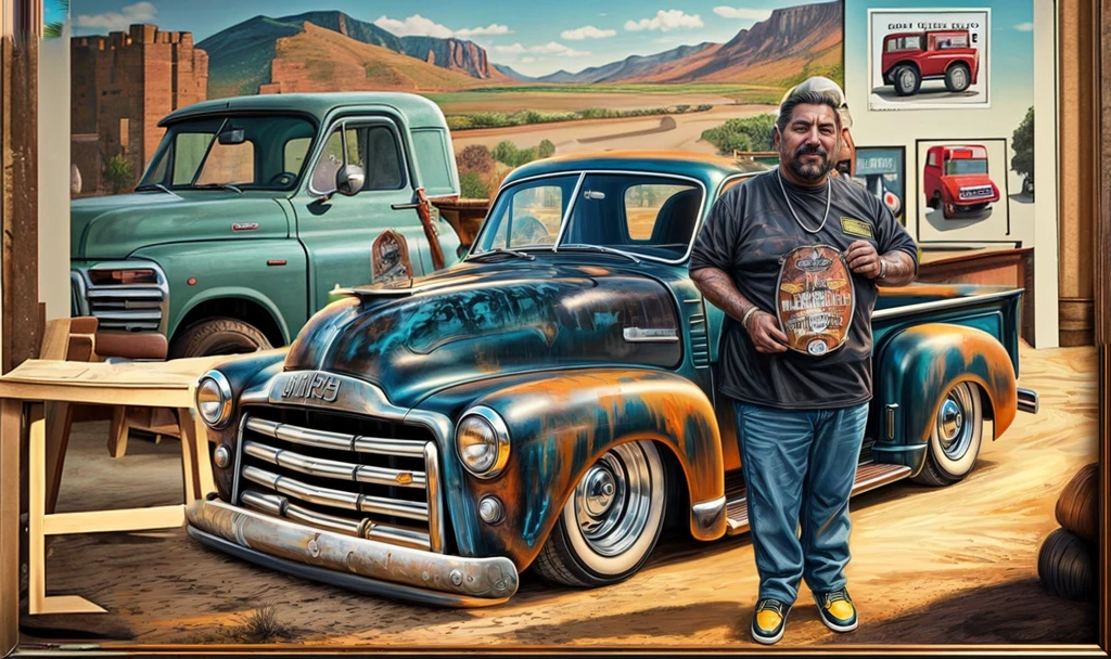 a large wall with a poster depicting a GMC 52 pickuptruck