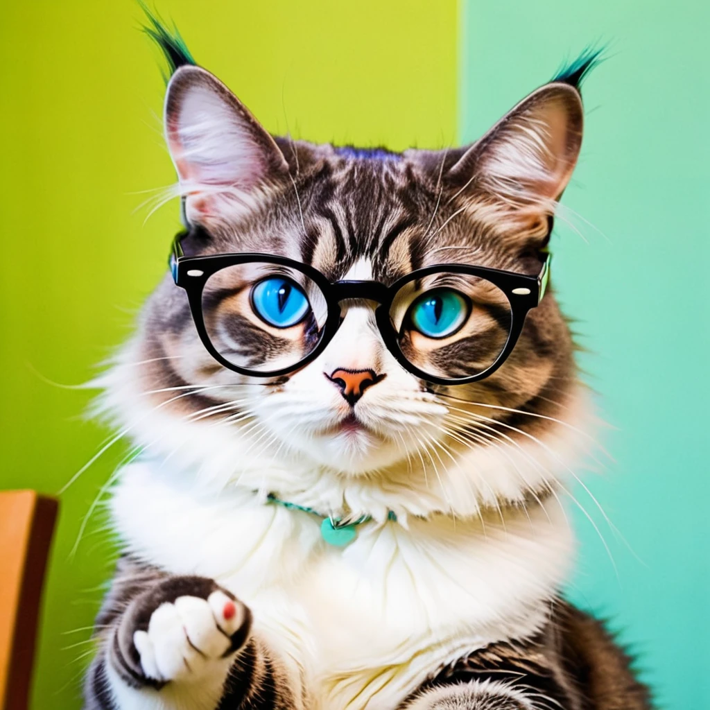 cat wearing glasses, cute cat, funny pose, colorfull