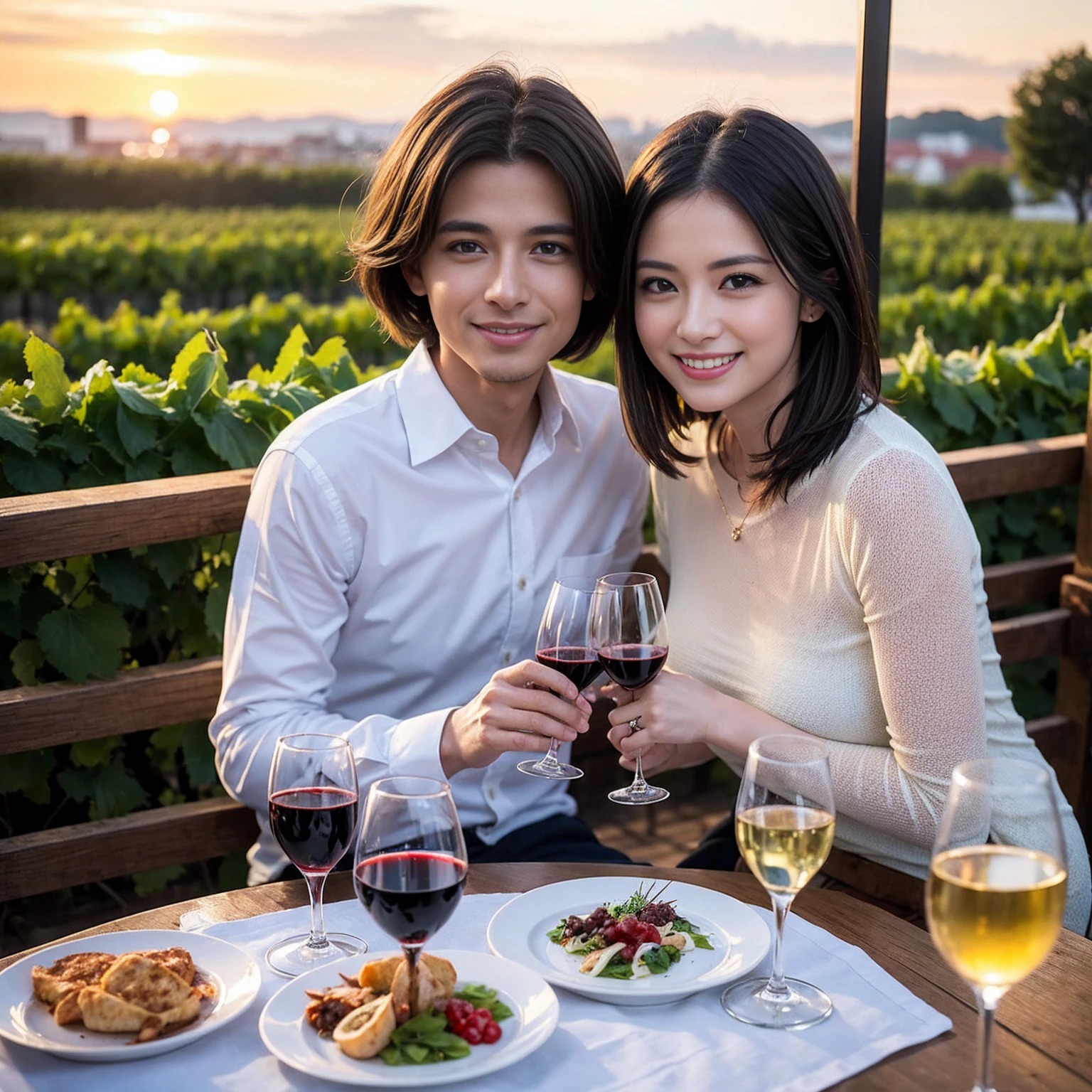 ((Highest quality、8K、masterpiece:1.3))、 (Ultra-realistic、 Genuine、Bright image、Intricate details:1.2), 最高のsmile、Wine Party、1 male、1 female、Beautiful couple、love love love、spouse、Female announcer、actress couple、smile、Full-course dinner at a packed table、 (Slim face), (the body is slim), (Brown Hair), (short hair), テーブルのwine glass、Please shine a light on my face、 Amazing view of the sunset sky and clouds、9 years old, red wine 、Appetizers、Wine bottle、sparkling wine、Long sleeve shirt、dress、White wine, red wine, wine glass, 