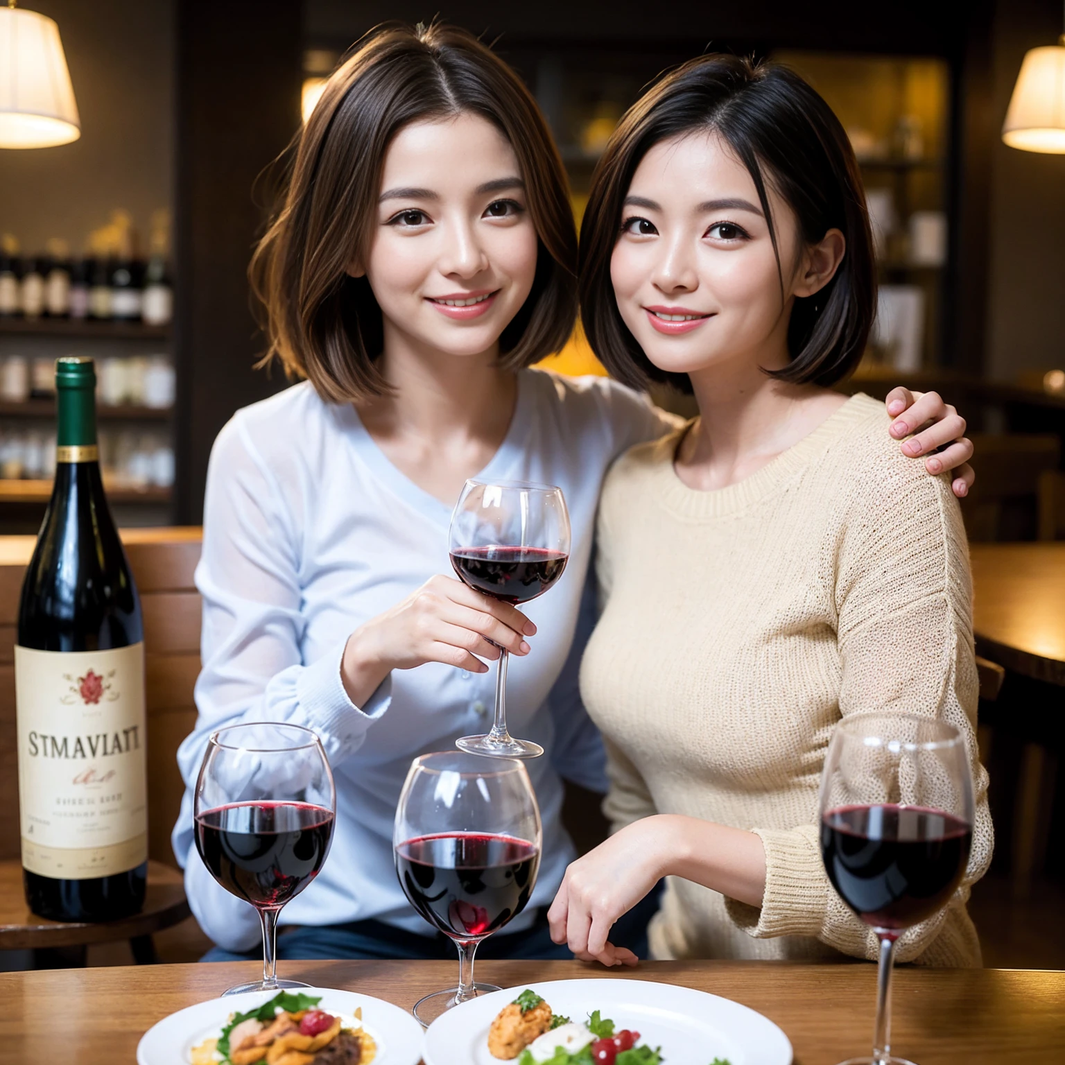 ((Highest quality、8K、masterpiece:1.3))、 (Ultra-realistic、 Genuine、Bright image、Intricate details:1.2), 最高のsmile、Wine Party、1 male、1 female、Beautiful couple、love love love、spouse、Female announcer、actress couple、smile、Full-course dinner at a packed table、 (Slim face), (the body is slim), (Brown Hair), (short hair), テーブルのwine glass、Please shine a light on my face、 Amazing view of the sunset sky and clouds、9 years old, red wine 、Appetizers、Wine bottle、sparkling wine、Long sleeve shirt、dress、White wine, red wine, wine glass,