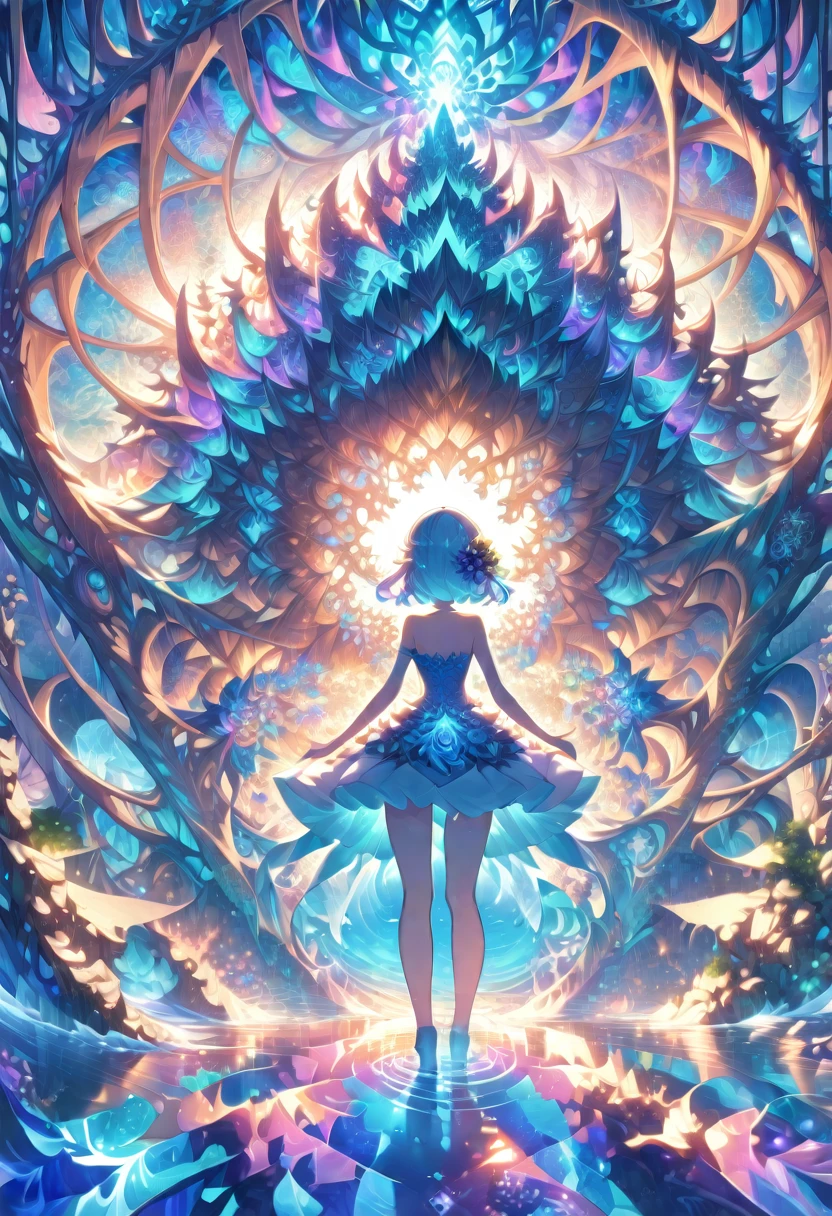 ((masterpiece)), (anime:1.3), ((Highest quality)), (Abstract art:1.5), (High resolution), (pale colour), Wide Shot, (Fractal structure:1.5), , landscape, (beautiful), (Biological atmosphere), deep sea, (pretty girl), beautiful白い髪, transparent Glass ice mirror Blue rose water晶 透き通っている water prism
