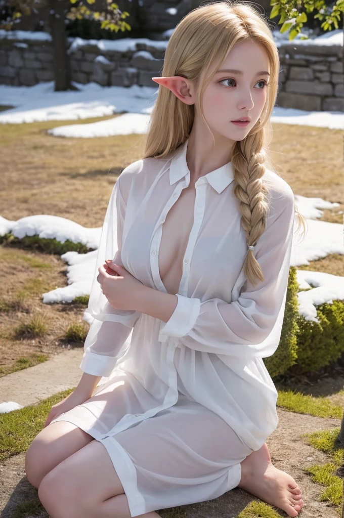 One Elf、White skin、Light clothing、Barefoot、On the grass、Under the tree、Shade、summer、雪のようにWhite skin、Blonde、Long Hair、Castle、nature、、a sunny day、Wide-collared clothes、live-action、８K、１６K、movie、Lord of the Ring、Expose、Expose狂、galadriel、Wet clothes、body silhouette、、early spring、Snow is falling、live-action、Small 、が小さい、Thaw、Clothes come off、、Lower body 、Waist、White skin、Dry clothes、The wind is blowing、Narrow waist、Sitting