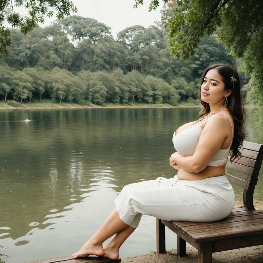  a woman padded different bra and saree,big cheeks, curvy, hourglass figure, swooping breasts, deep cleavage, open arms, sexy armpits,big penis, nipples, ass, necklace, (cinematic:1.3), intricate details, (ArtStation:1.2),there is a wooden bench sitting on the side of a lake, setting in nature, wood chair, sit on a bench, peaceful environment, sitting in front of a lake, peaceful scene, bench, sitting alone, peaceful atmosphere, serene environment, benches, tranquility, quiet and serene atmosphere, sitting near a river, sitting on a bench, serene scene, sittin,