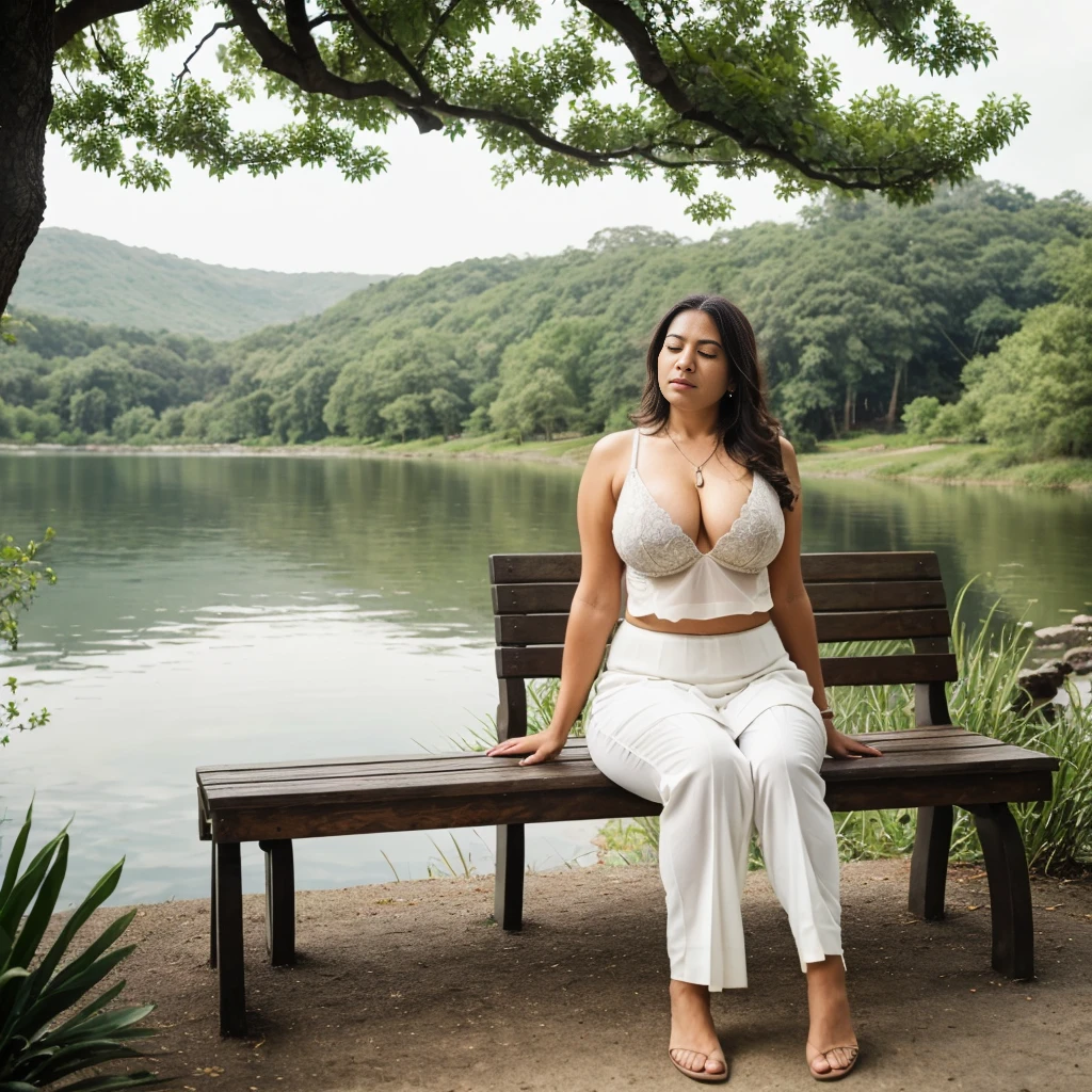  a woman padded different bra and saree,big cheeks, curvy, hourglass figure, swooping breasts, deep cleavage, open arms, sexy armpits,big penis, nipples, ass, necklace, (cinematic:1.3), intricate details, (ArtStation:1.2),there is a wooden bench sitting on the side of a lake, setting in nature, wood chair, sit on a bench, peaceful environment, sitting in front of a lake, peaceful scene, bench, sitting alone, peaceful atmosphere, serene environment, benches, tranquility, quiet and serene atmosphere, sitting near a river, sitting on a bench, serene scene, sittin,